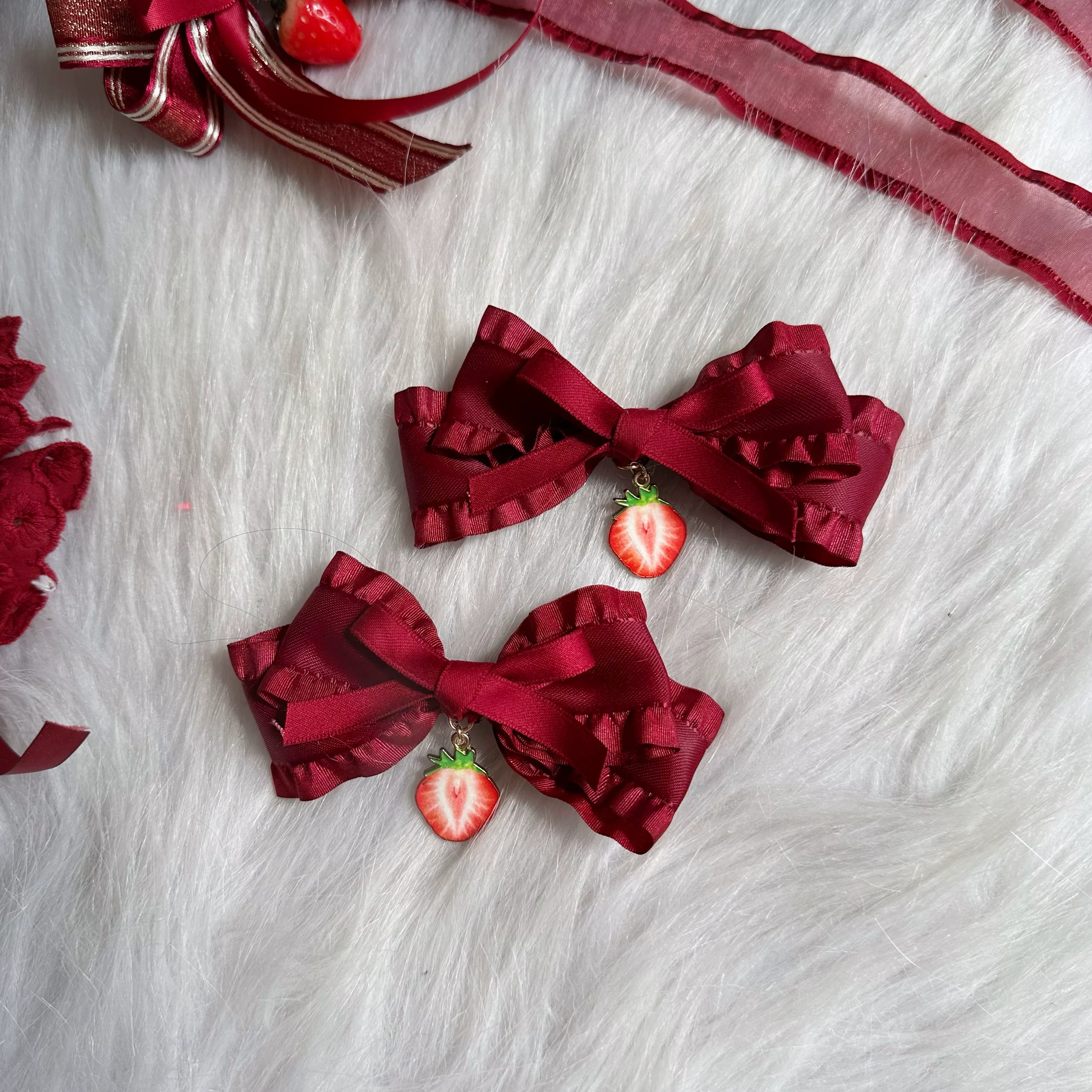 Red Sweet Lolita Headdress, Bows and Strawberry Pendants - Image 9