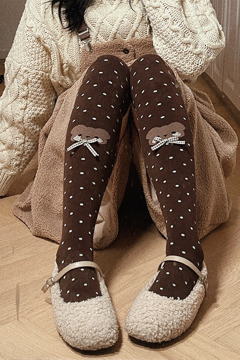 Roji roji - Bear Dots Bow Cotton Lolita Thigh Stockings - Image 6