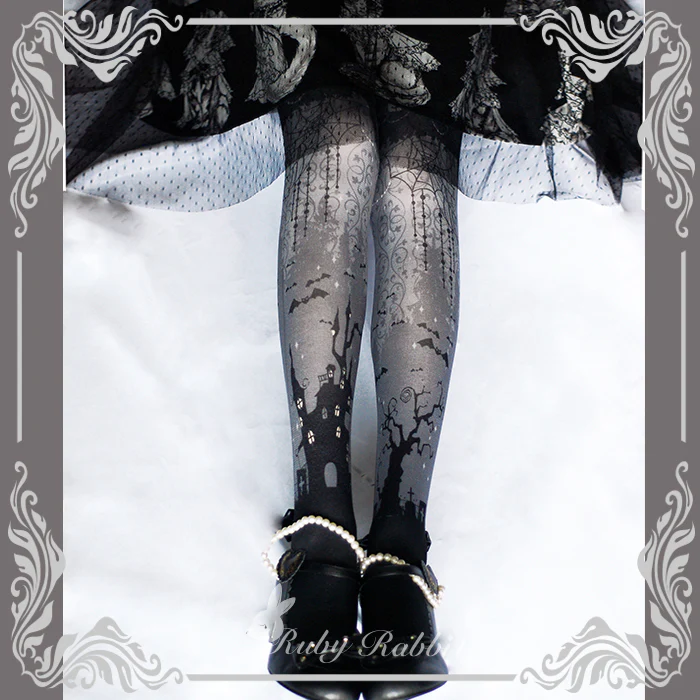 Halloween Gothic Lolita Castle and Spider Web Print Pantyhose - Image 9