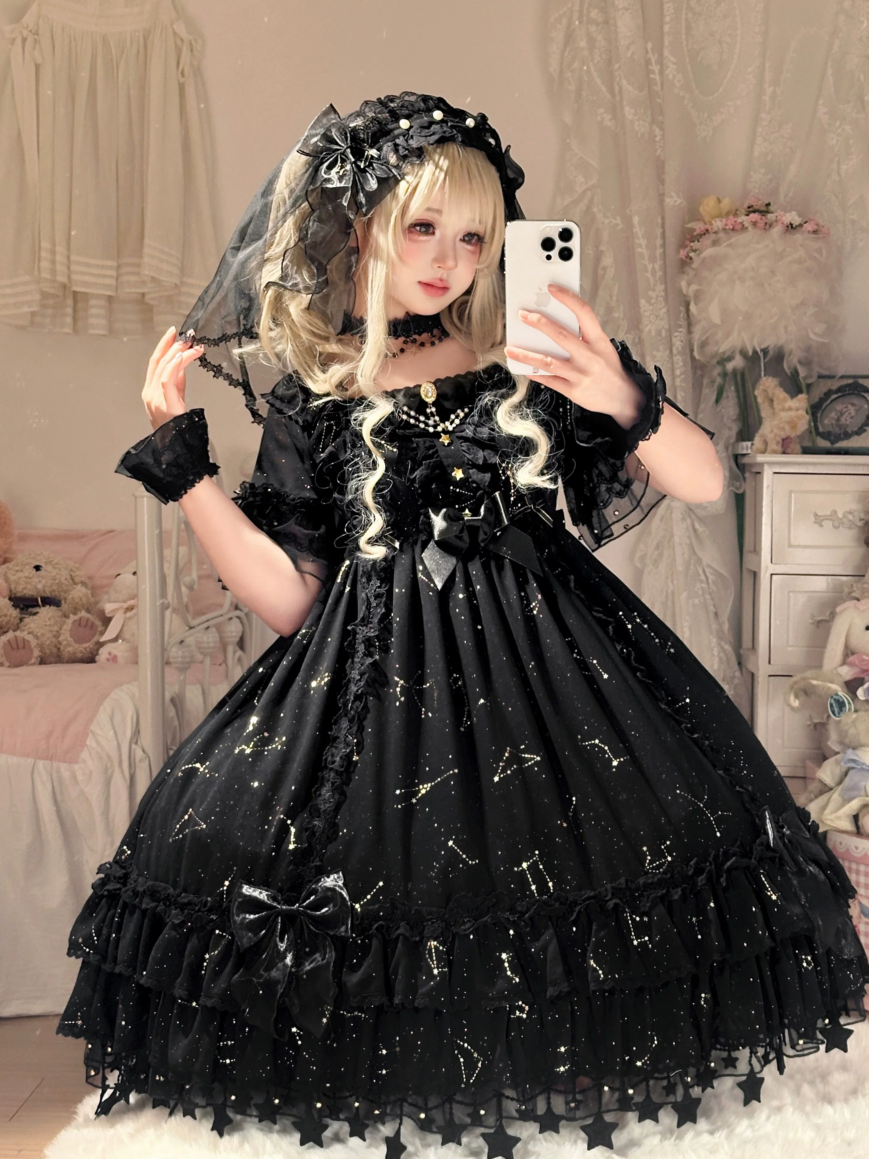 Whisper of Stars - Vintage Lolita Black OP Dress, Constellation-Themed - Image 4