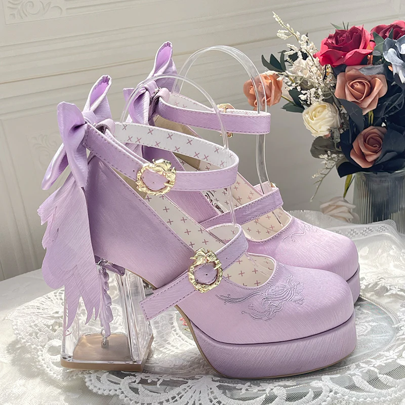 Dreamland - Floating Koi Land - Satin Classic Lolita Platform Shoes, Transparent Heel - Image 27