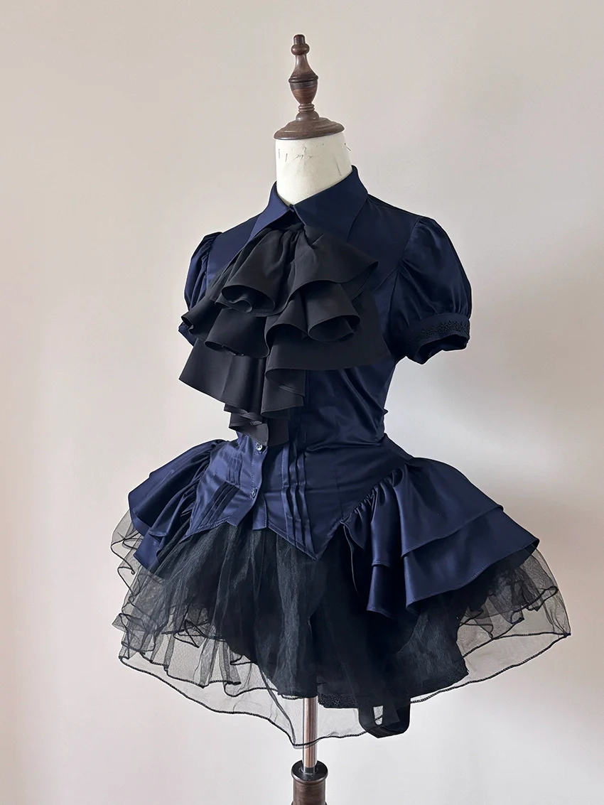 FlowerFairyDaily - Midnight Prayer - Solid Lolita Shirt with Flowing Tiered Back Hem - Image 40