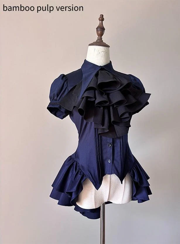 FlowerFairyDaily - Midnight Prayer - Solid Lolita Shirt with Flowing Tiered Back Hem - Image 45