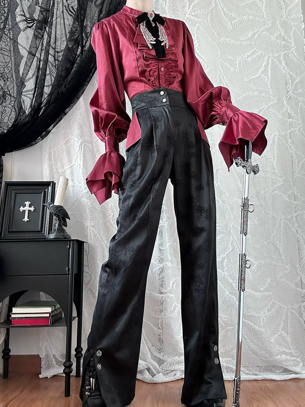 Moonnight Return - Stand Collar Ouji Lolita Shirt, Irregular Cuffs - Image 3