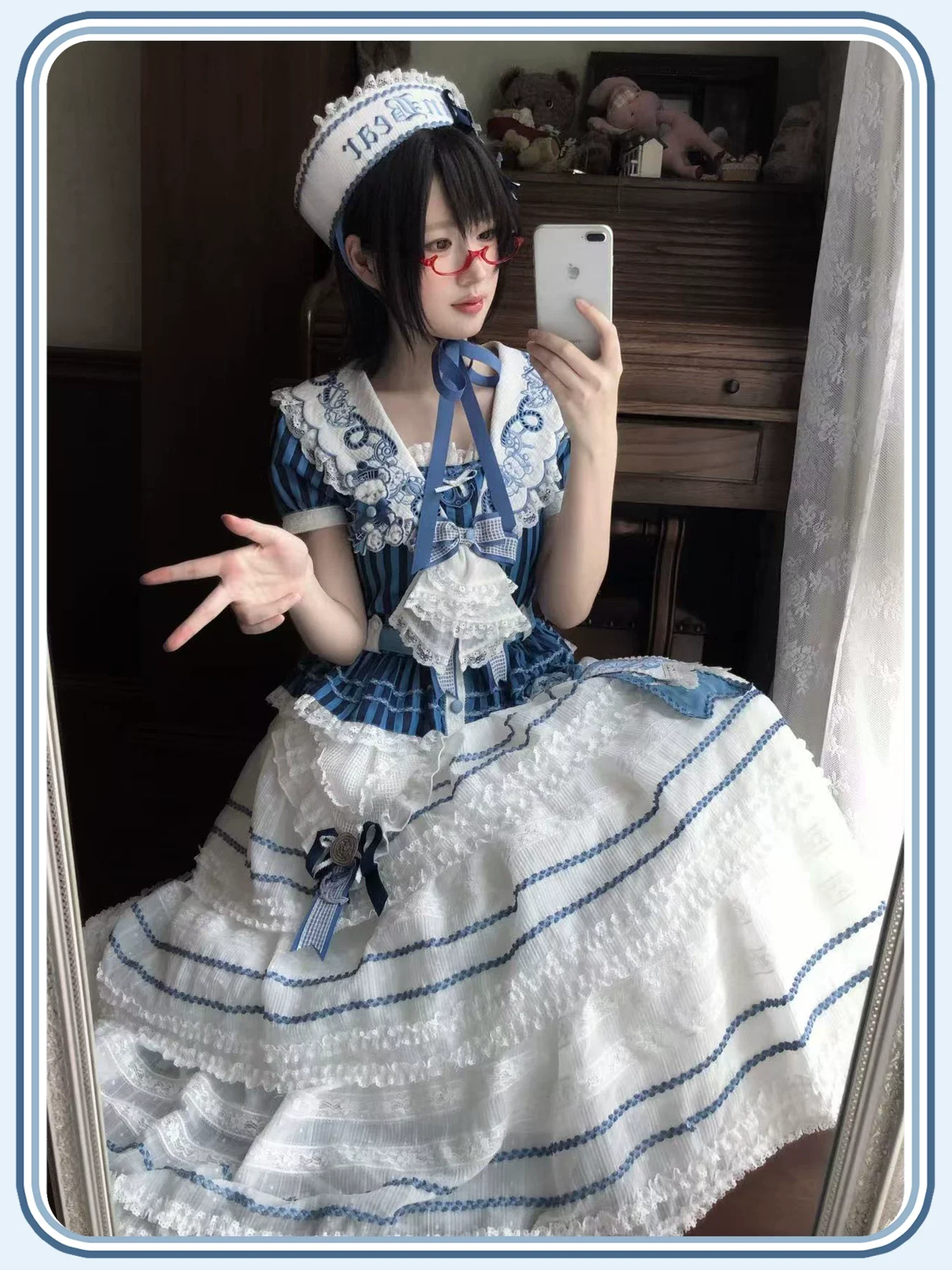 Antique Naval Bear - Striped Classic Lolita Sailor Collar OP, Bear Embroidery - Image 18