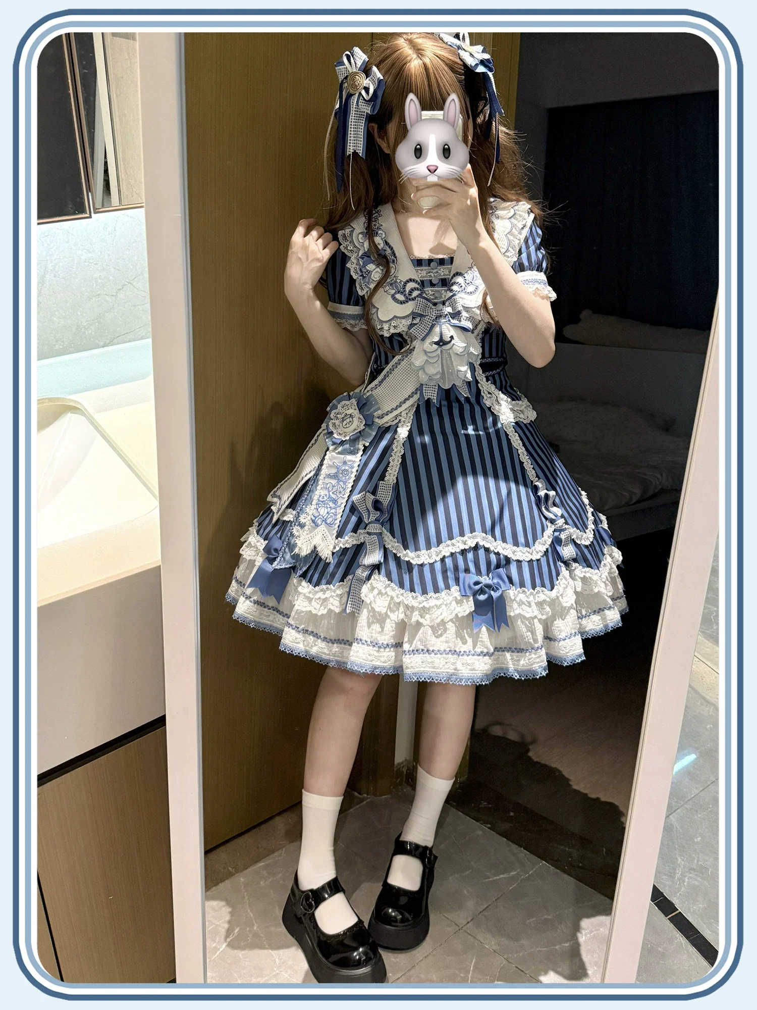 Antique Naval Bear - Striped Classic Lolita Sailor Collar OP, Bear Embroidery - Image 20