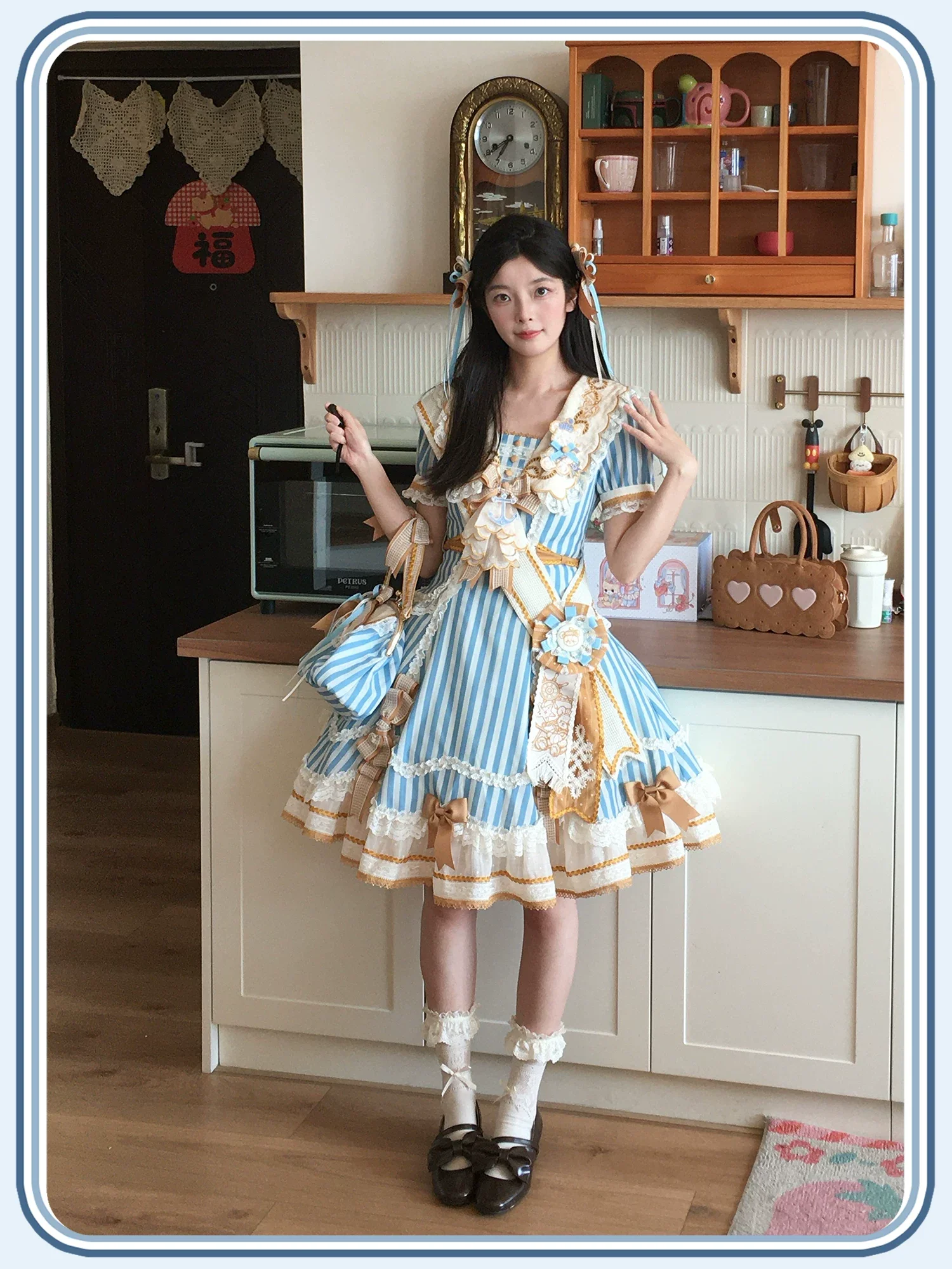 Antique Naval Bear - Striped Classic Lolita Sailor Collar OP, Bear Embroidery - Image 21