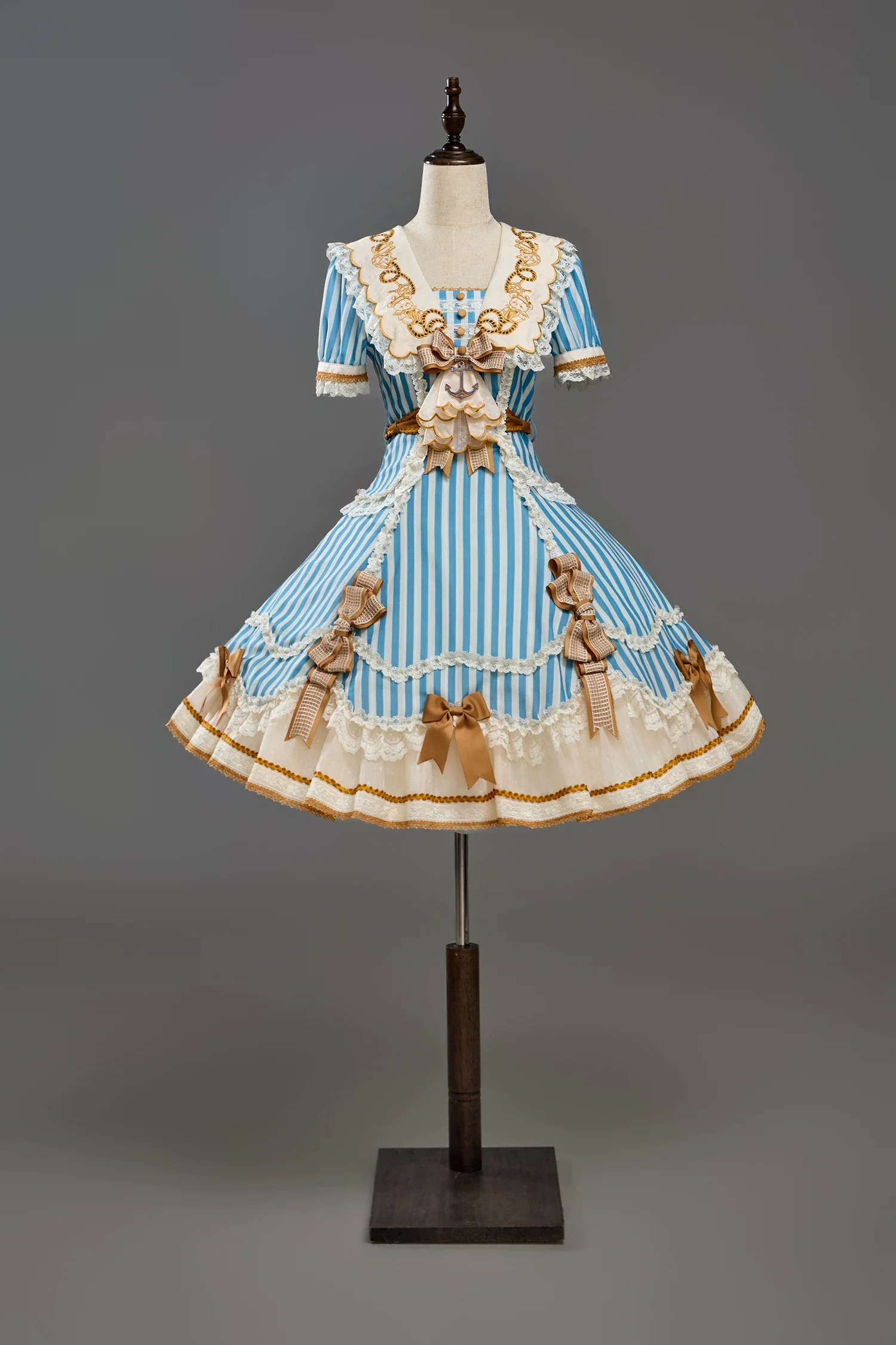Antique Naval Bear - Striped Classic Lolita Sailor Collar OP, Bear Embroidery - Image 3