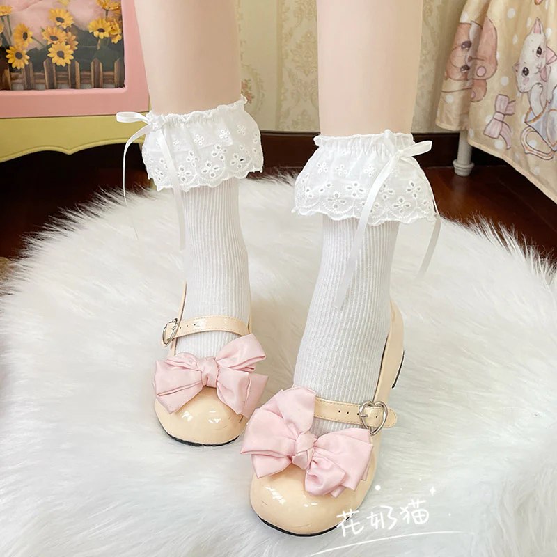 Hua Nai Cat - Sweet Cotton Lolita Socks Mid-Calf Socks with Lace and Bow - Image 12