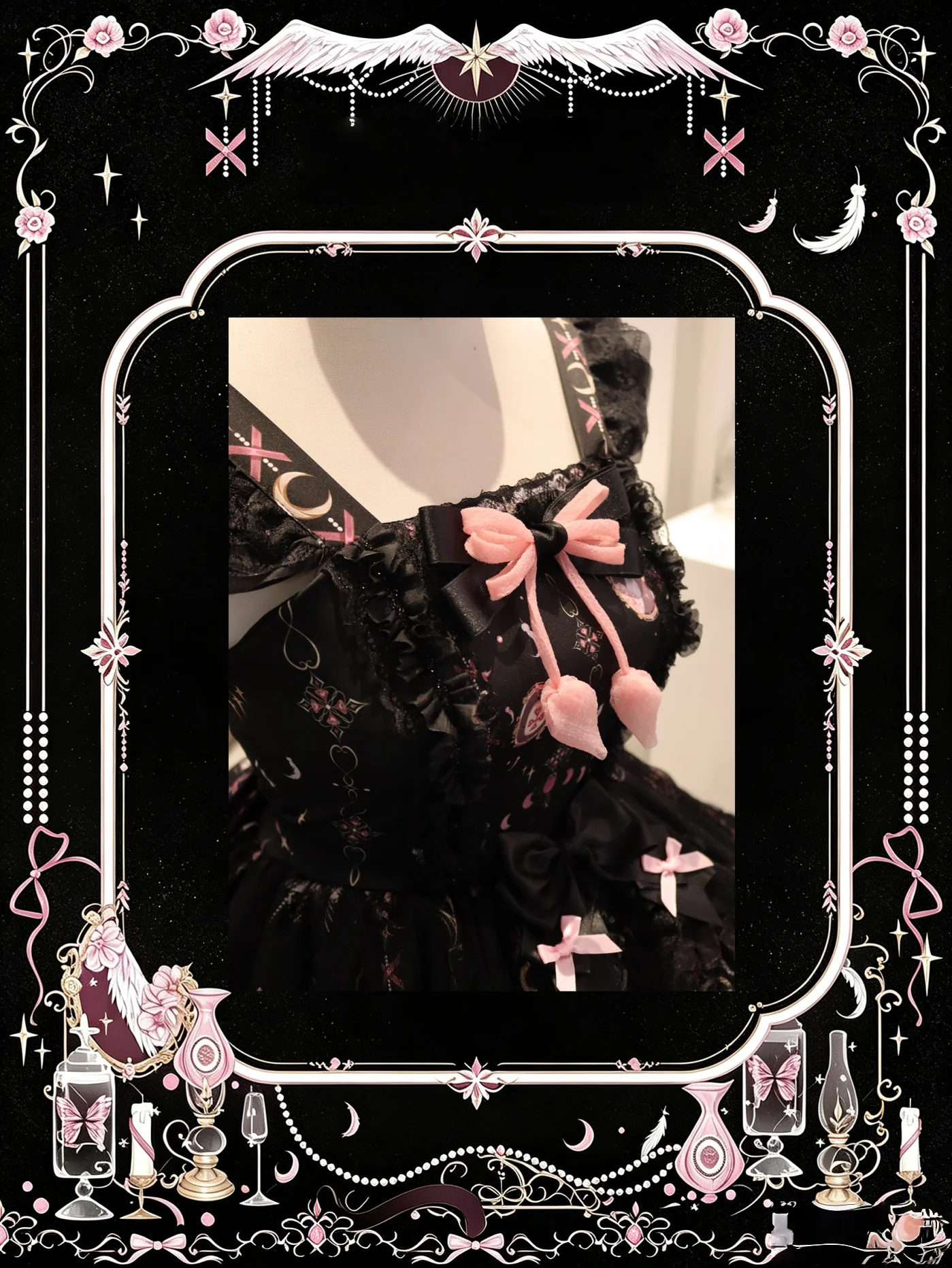Lunar Cat Crown - Sweet Lolita Black JSK Dress, Angel Cat and Moon Print - Image 11