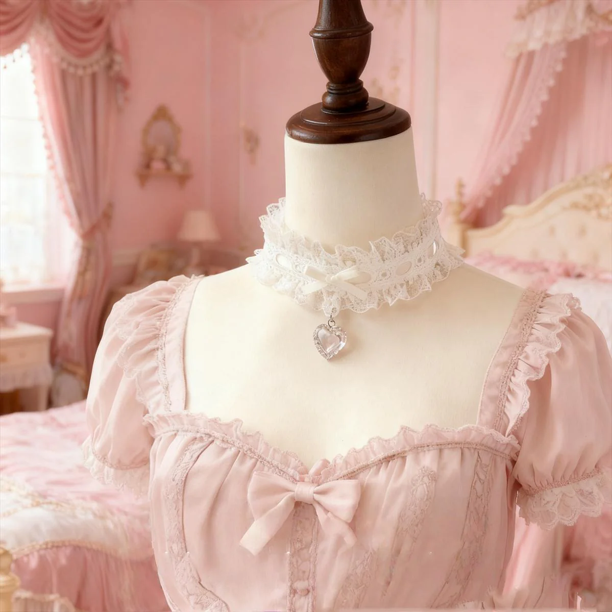 Sweet Lolita Choker, Heart Rhinestone & Bows - Image 8