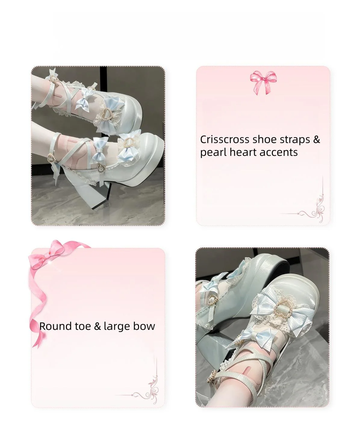 Romance of Hearts - Sweet Lolita Chunky Heeled Shoes, Pearl Heart Accents - Image 10