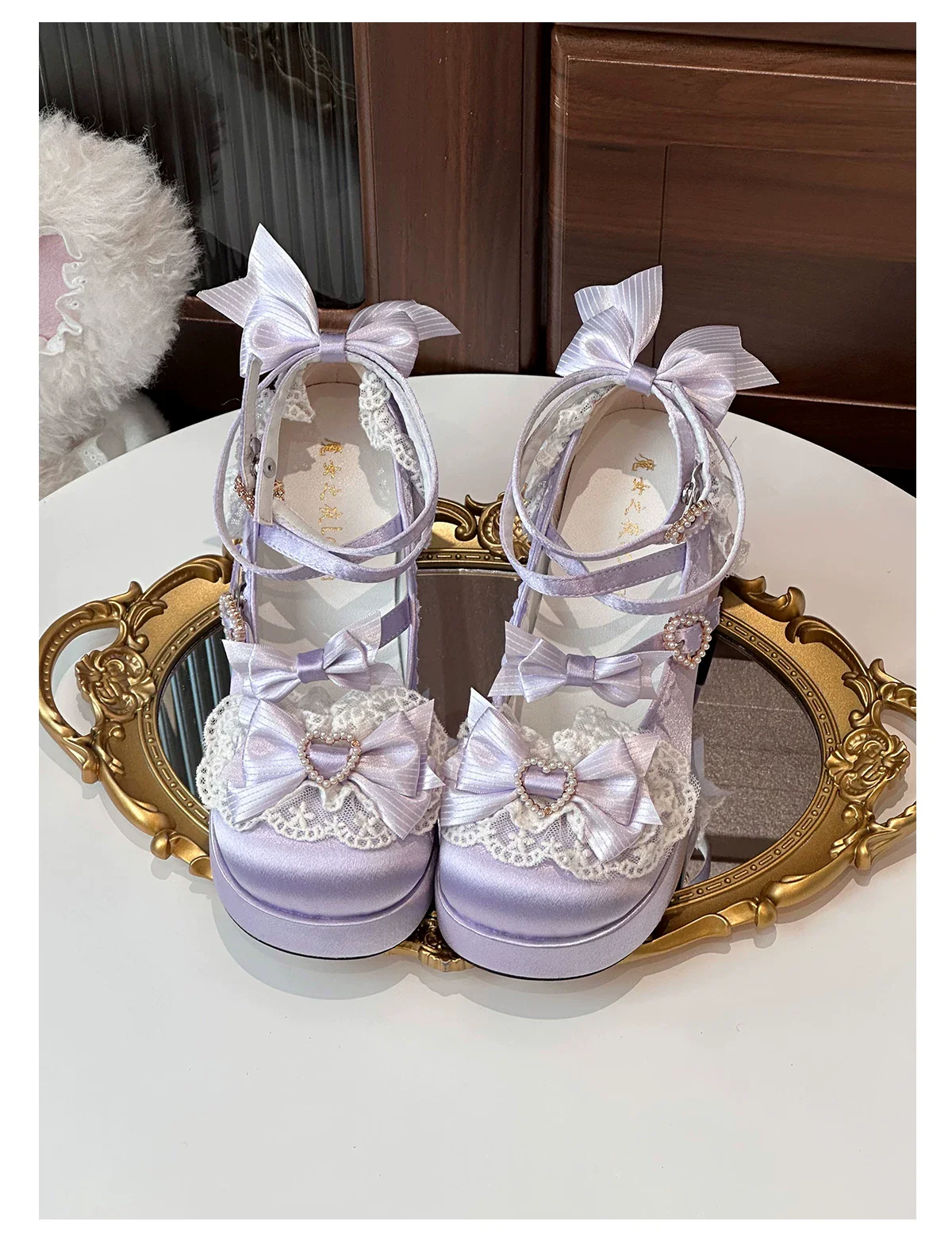 Romance of Hearts - Sweet Lolita Chunky Heeled Shoes, Pearl Heart Accents - Image 12