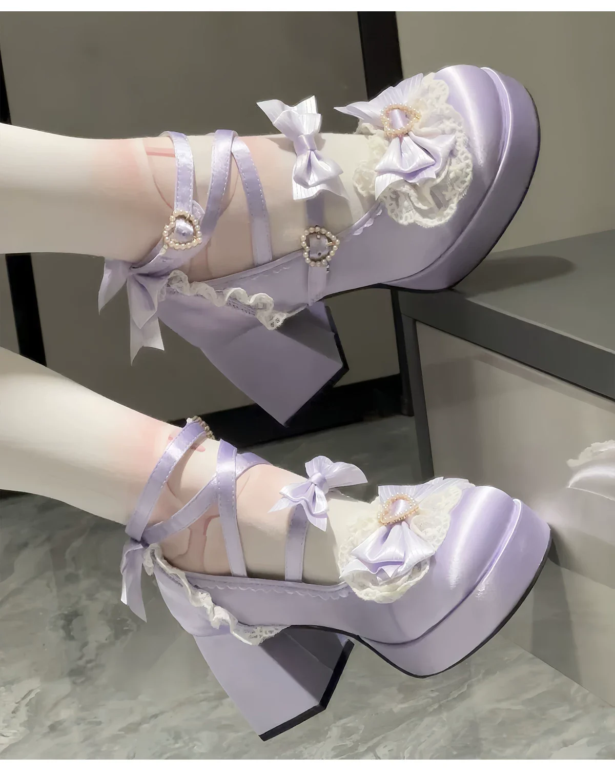 Romance of Hearts - Sweet Lolita Chunky Heeled Shoes, Pearl Heart Accents - Image 14
