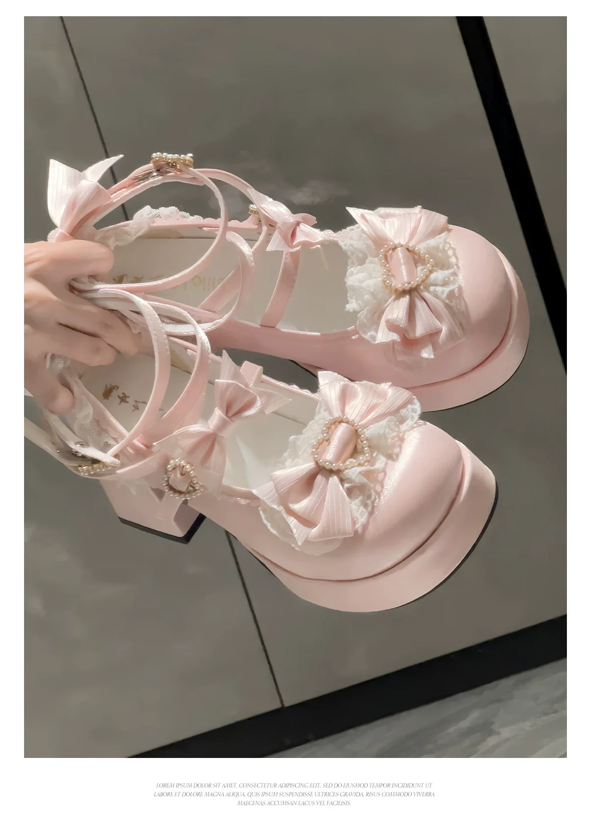 Romance of Hearts - Sweet Lolita Chunky Heeled Shoes, Pearl Heart Accents - Image 18