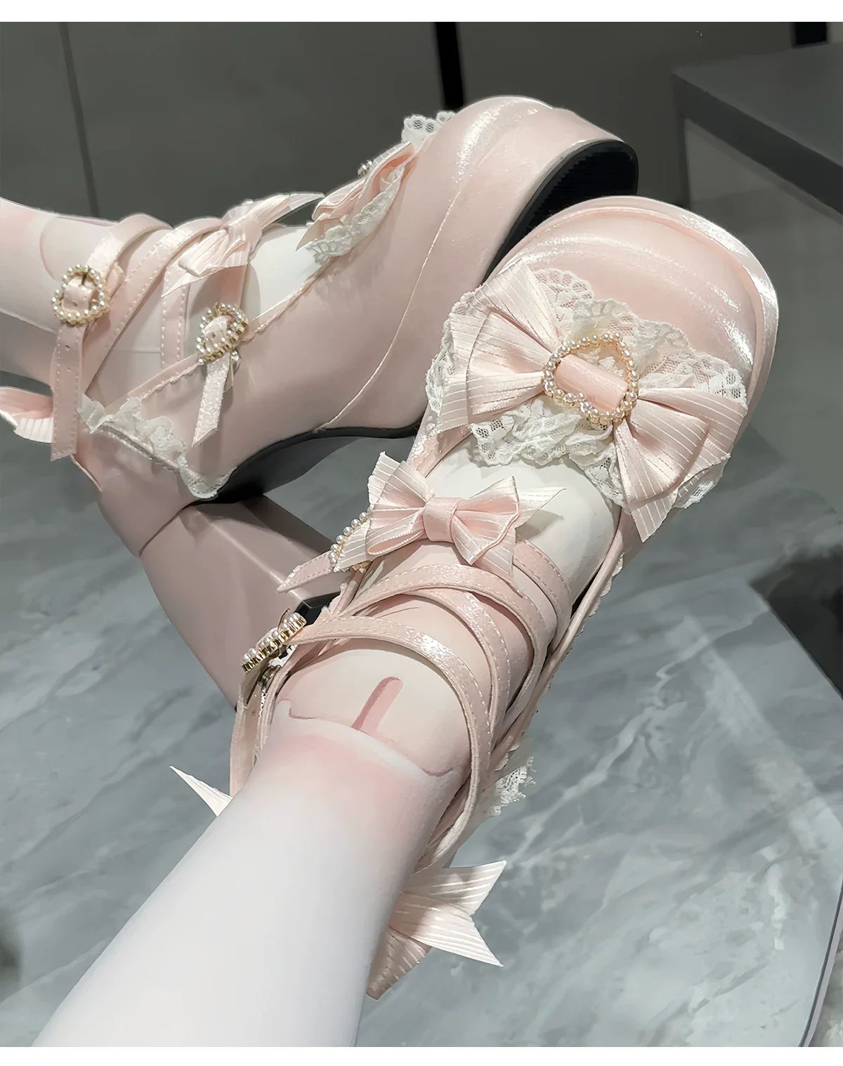 Romance of Hearts - Sweet Lolita Chunky Heeled Shoes, Pearl Heart Accents - Image 19