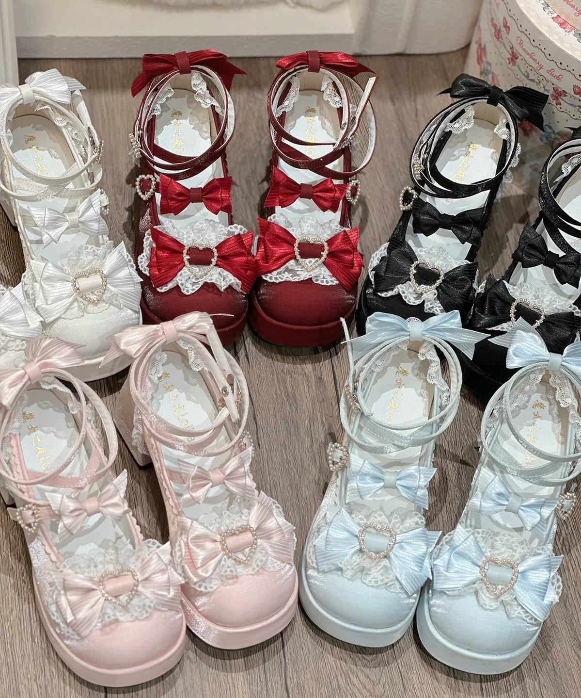 Romance of Hearts - Sweet Lolita Chunky Heeled Shoes, Pearl Heart Accents - Image 2