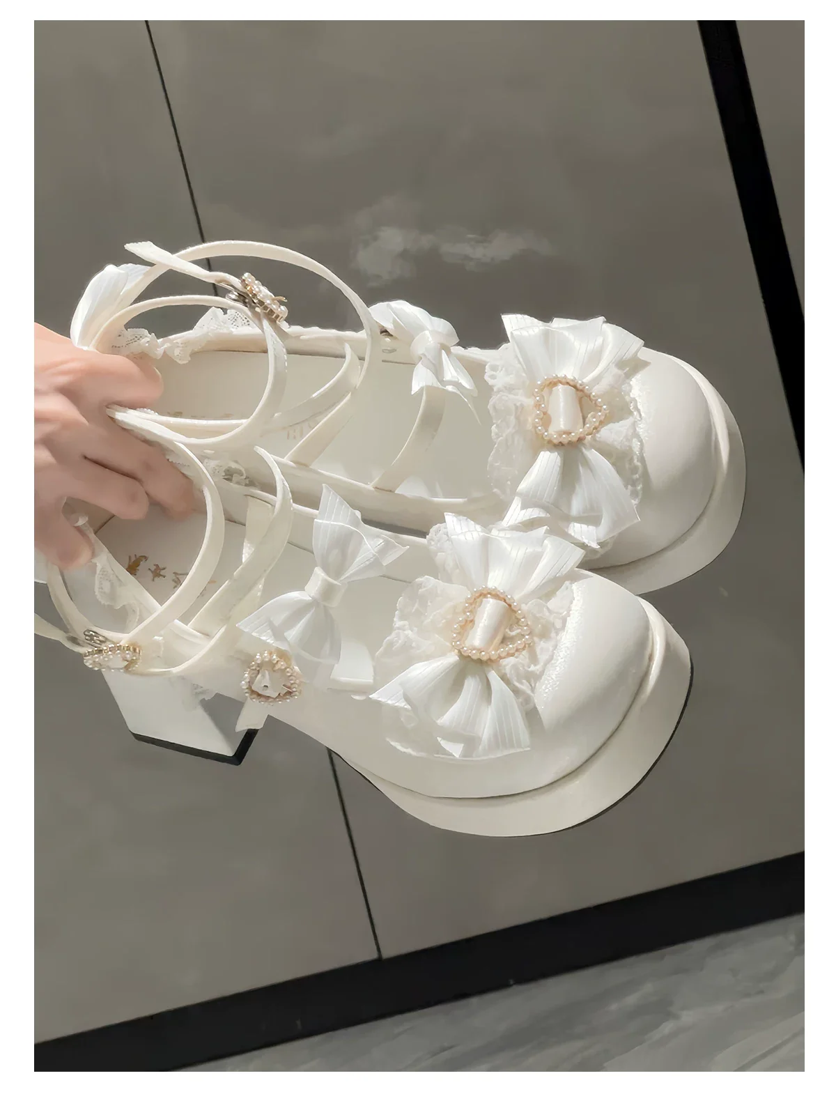 Romance of Hearts - Sweet Lolita Chunky Heeled Shoes, Pearl Heart Accents - Image 20