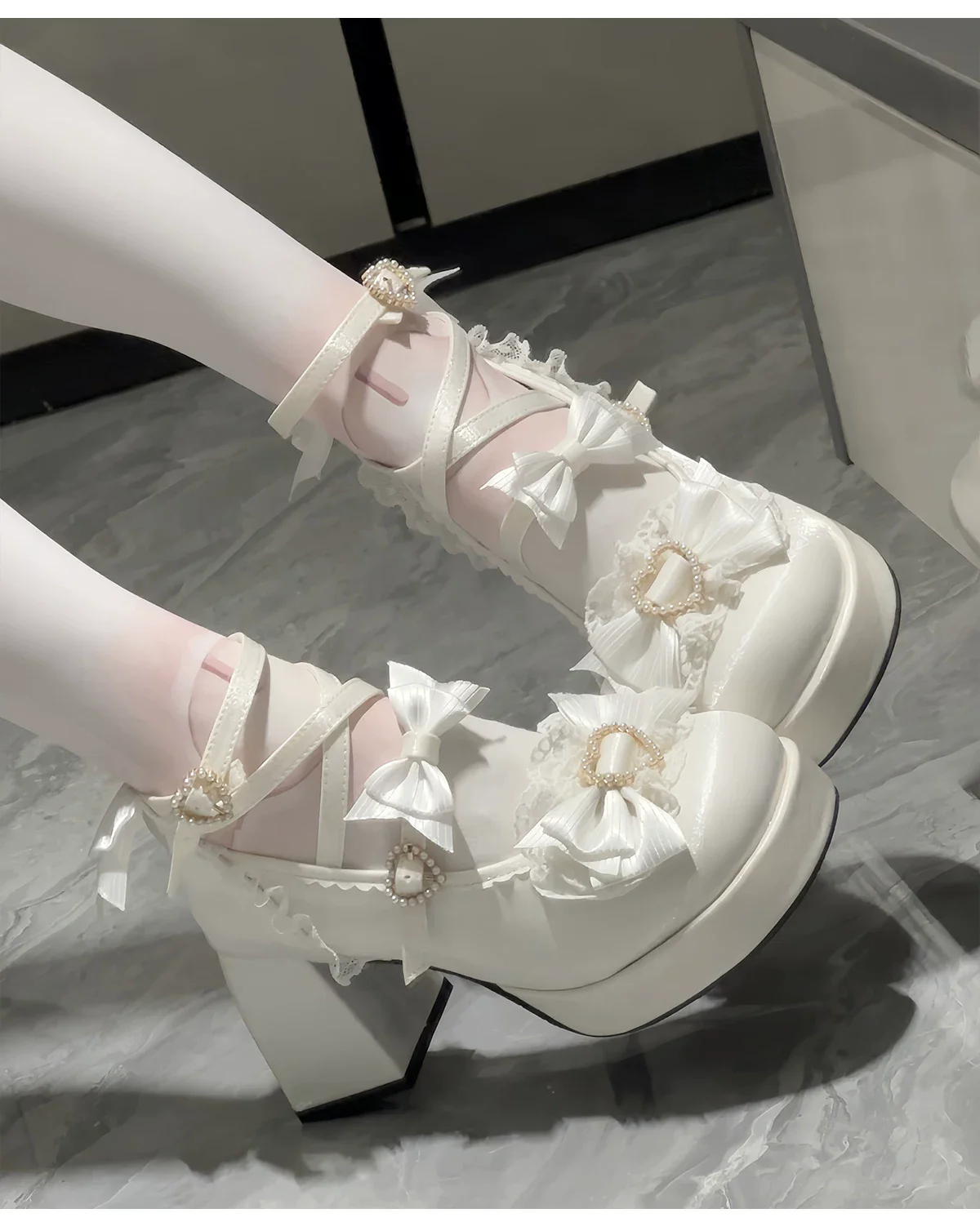 Romance of Hearts - Sweet Lolita Chunky Heeled Shoes, Pearl Heart Accents - Image 21