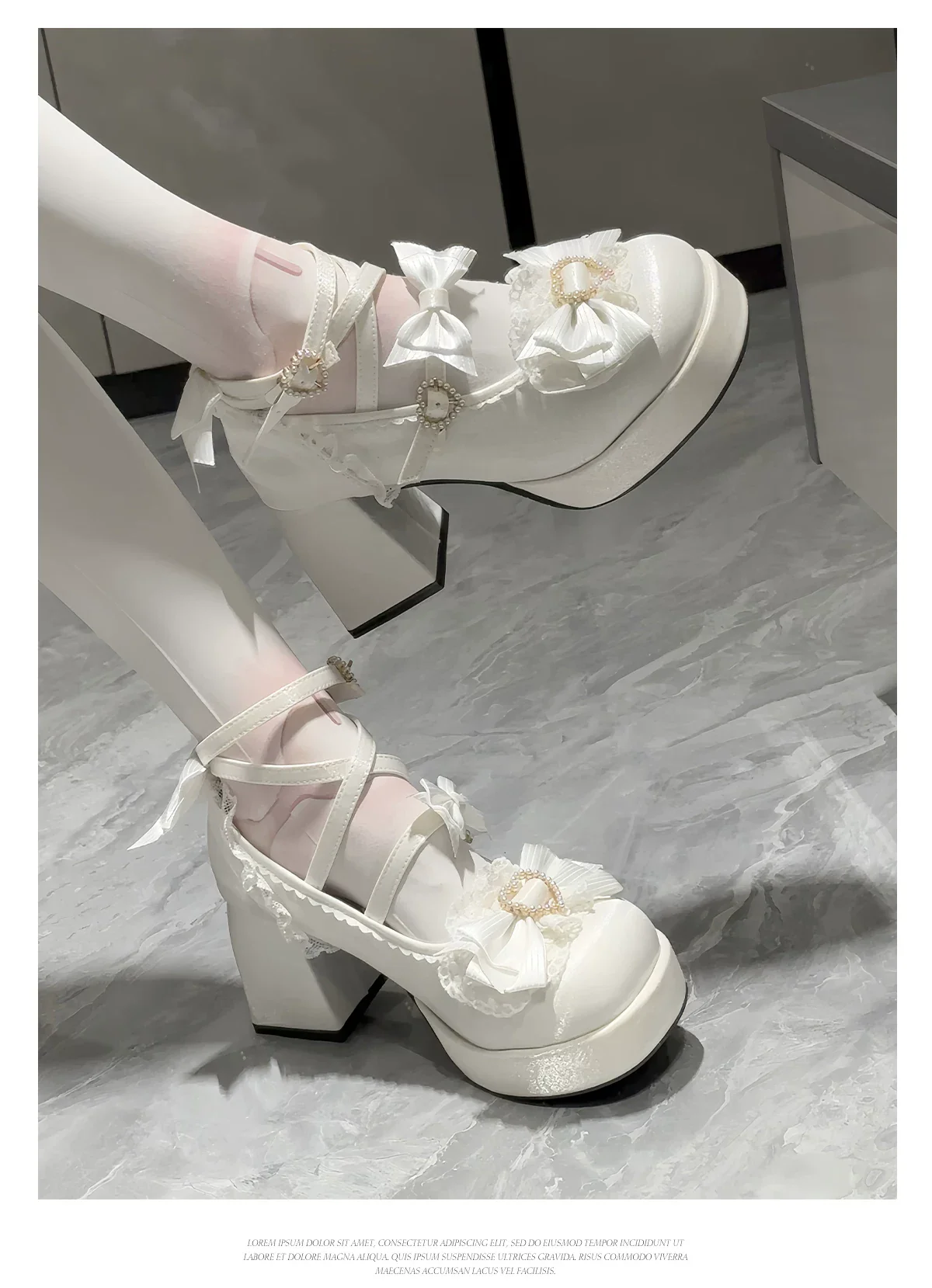 Romance of Hearts - Sweet Lolita Chunky Heeled Shoes, Pearl Heart Accents - Image 22