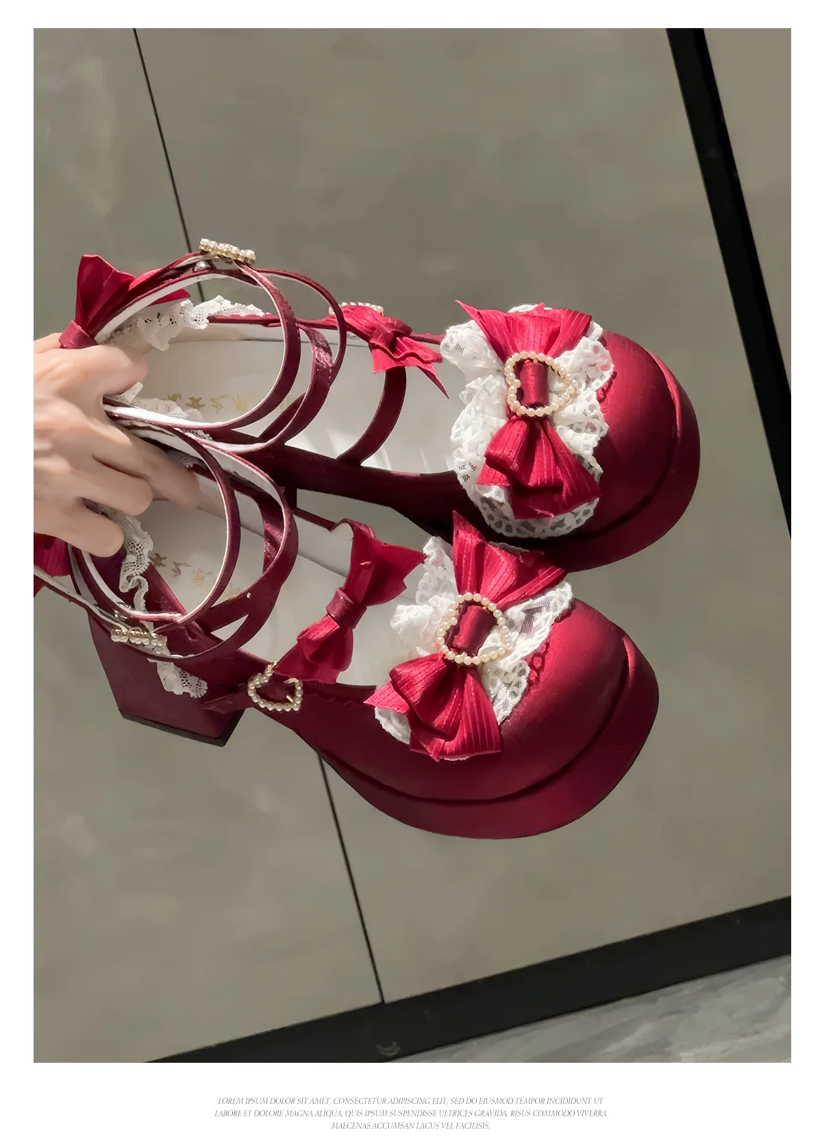Romance of Hearts - Sweet Lolita Chunky Heeled Shoes, Pearl Heart Accents - Image 23