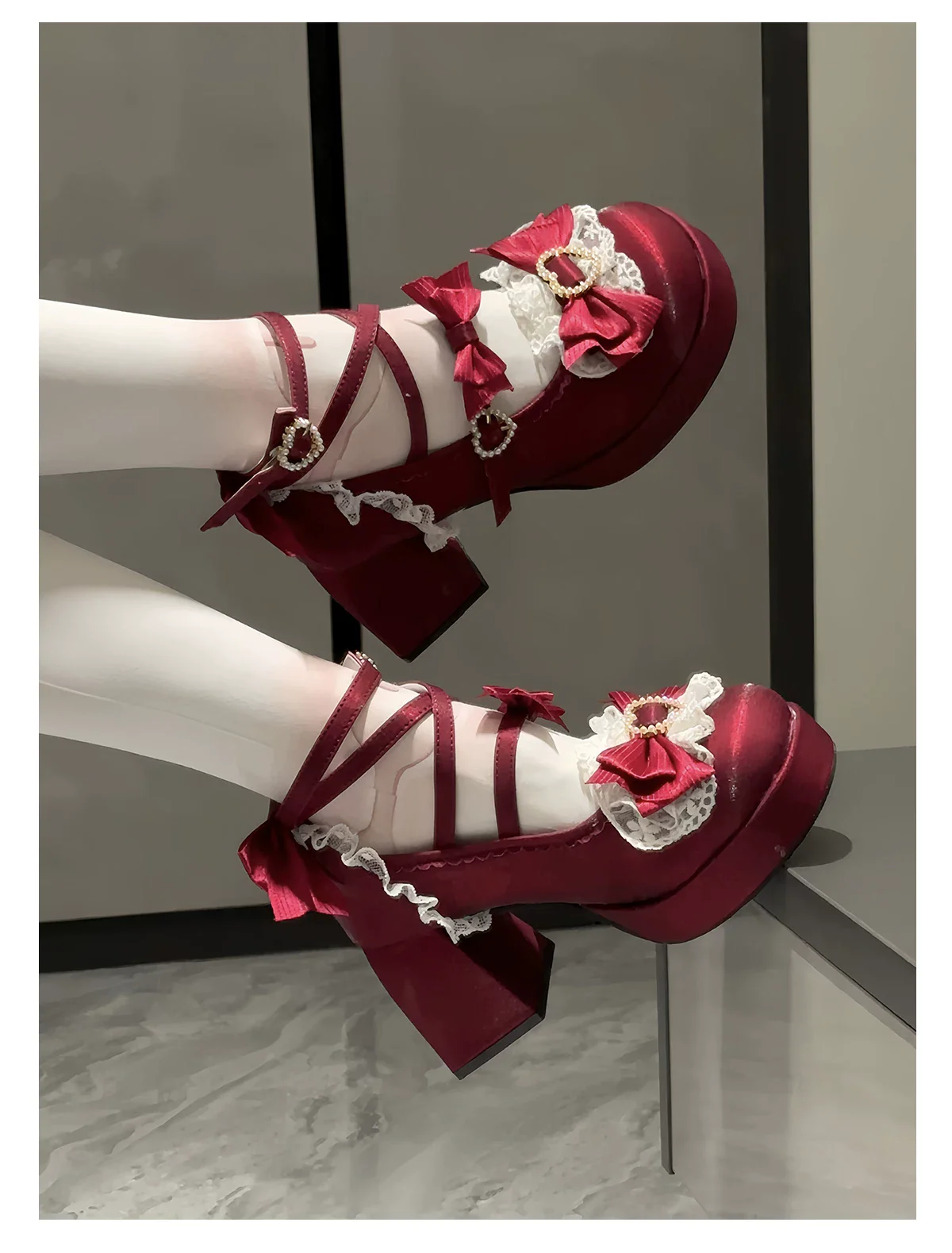 Romance of Hearts - Sweet Lolita Chunky Heeled Shoes, Pearl Heart Accents - Image 24
