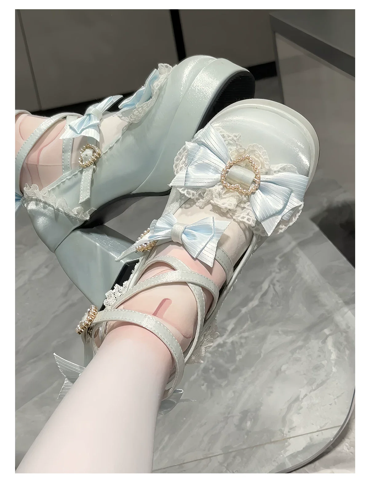 Romance of Hearts - Sweet Lolita Chunky Heeled Shoes, Pearl Heart Accents - Image 26