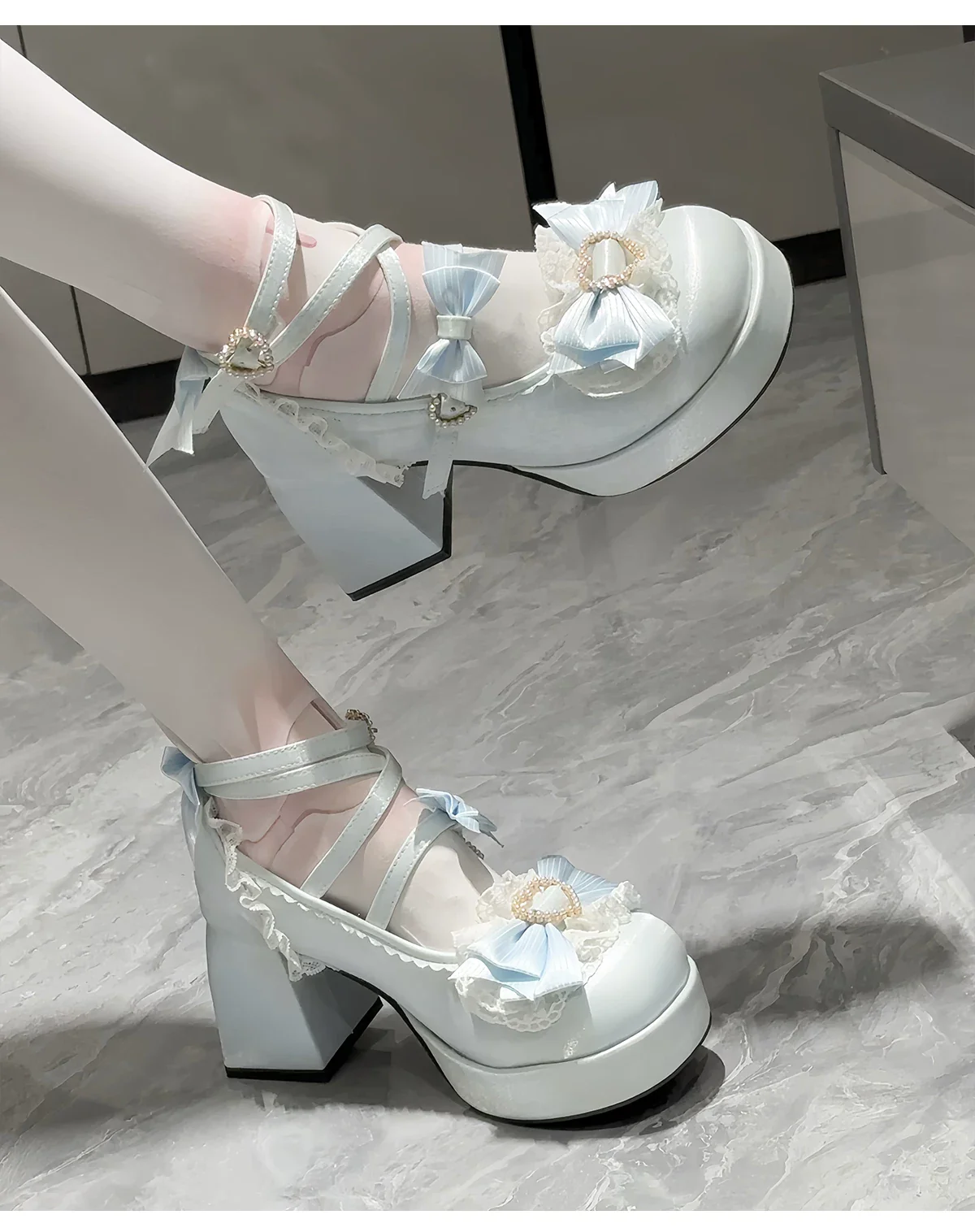Romance of Hearts - Sweet Lolita Chunky Heeled Shoes, Pearl Heart Accents - Image 27