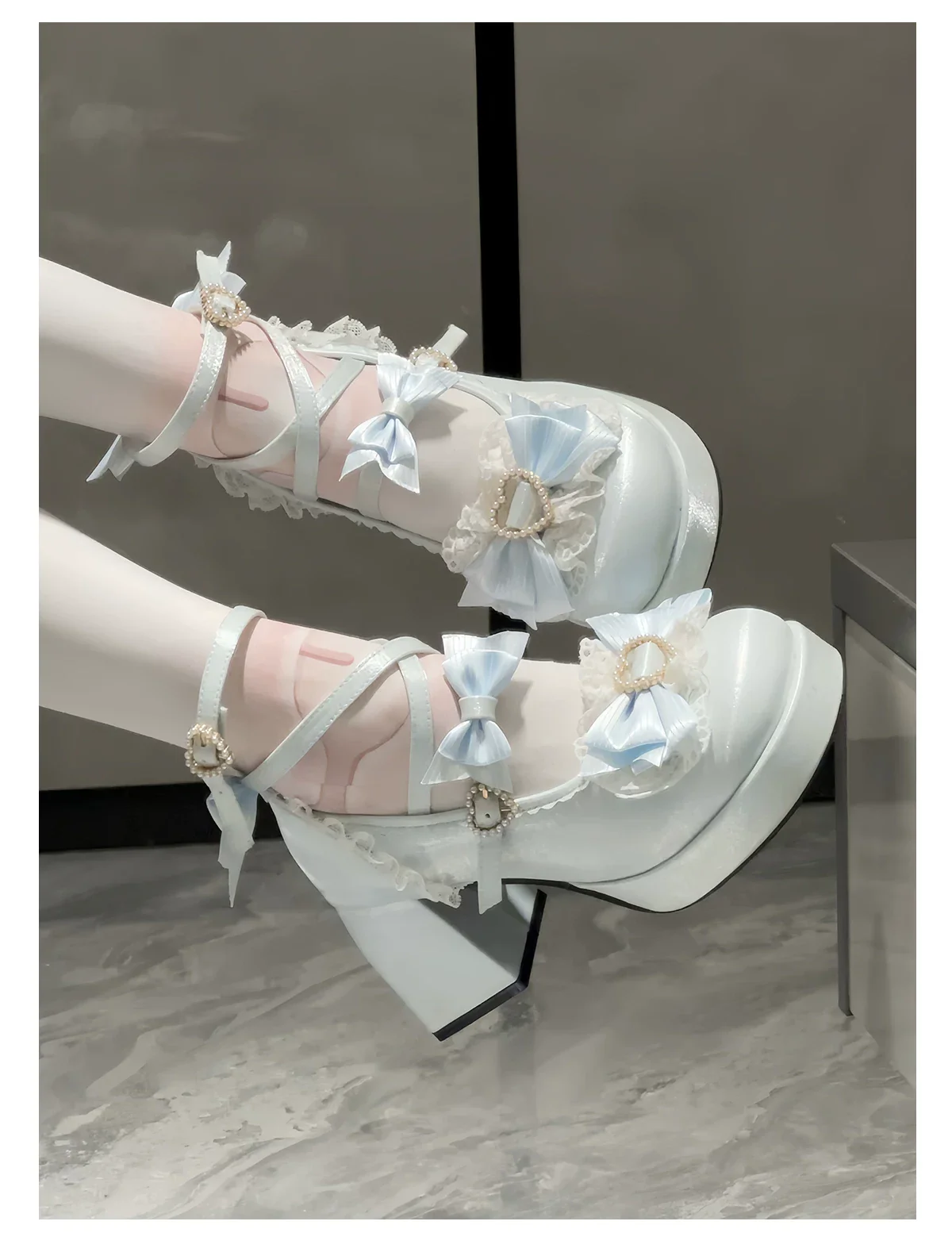 Romance of Hearts - Sweet Lolita Chunky Heeled Shoes, Pearl Heart Accents - Image 28