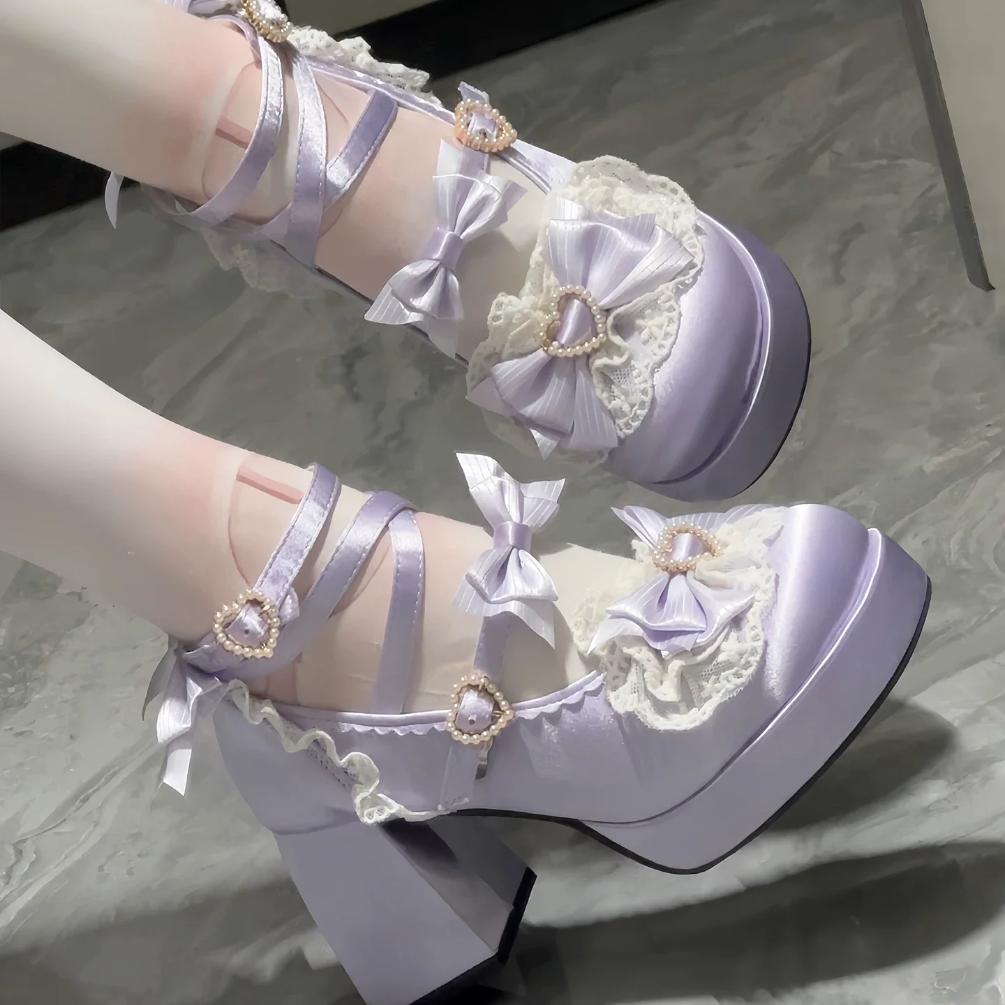 Romance of Hearts - Sweet Lolita Chunky Heeled Shoes, Pearl Heart Accents - Image 4