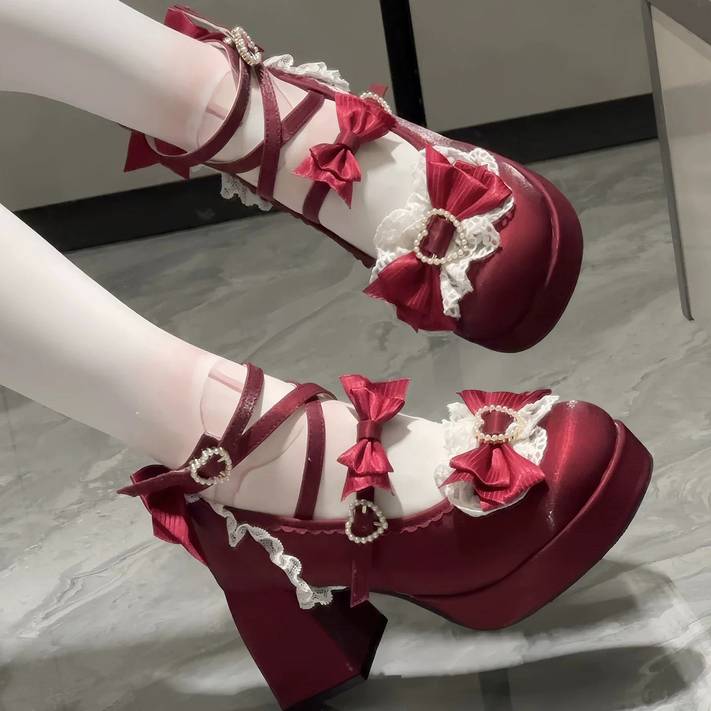 Romance of Hearts - Sweet Lolita Chunky Heeled Shoes, Pearl Heart Accents - Image 5