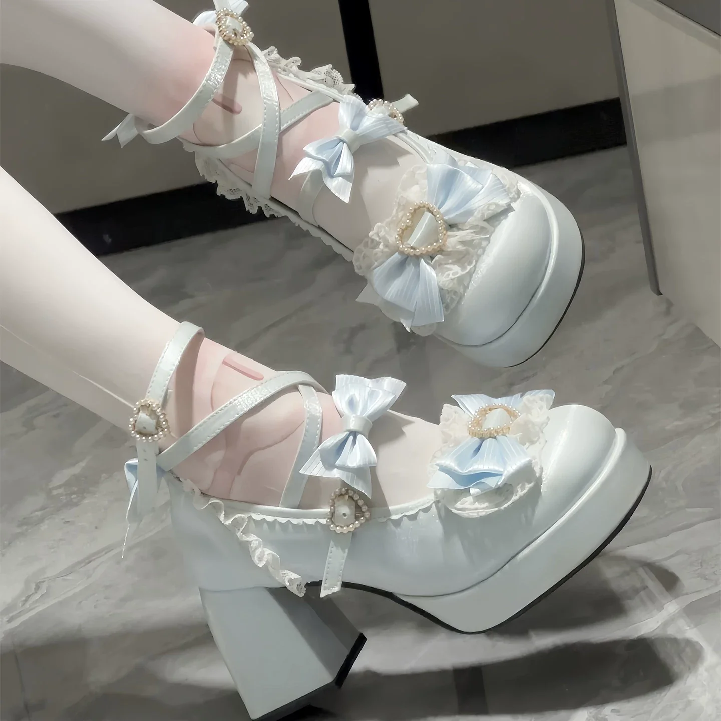 Romance of Hearts - Sweet Lolita Chunky Heeled Shoes, Pearl Heart Accents - Image 7