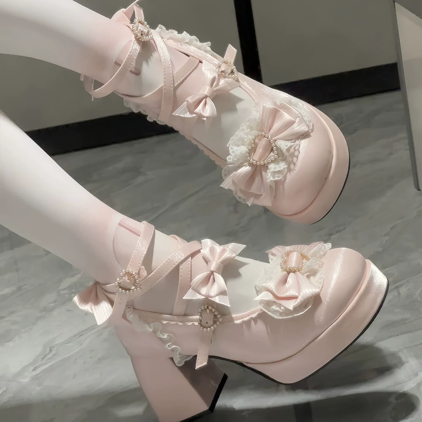 Romance of Hearts - Sweet Lolita Chunky Heeled Shoes, Pearl Heart Accents - Image 9