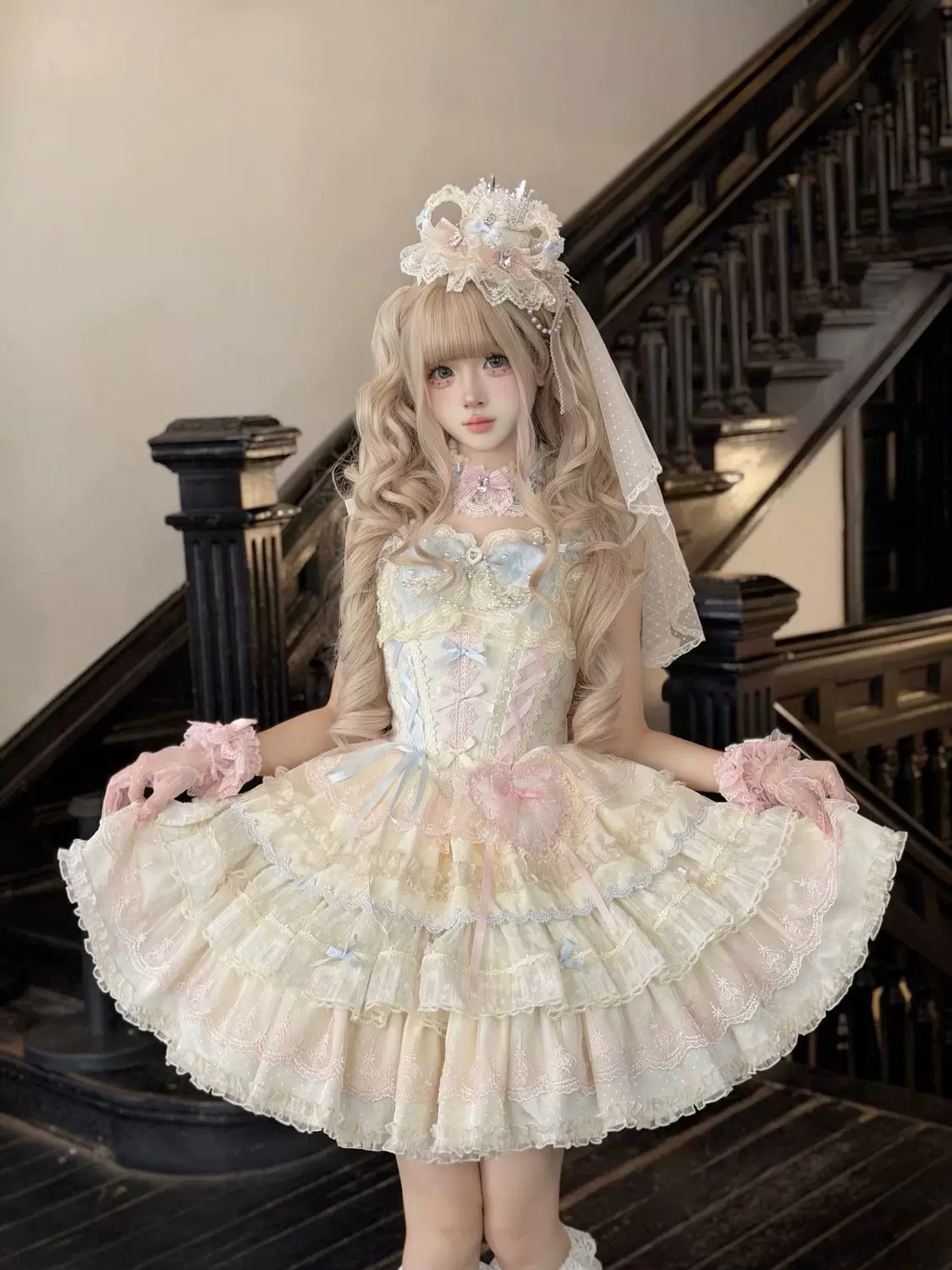Cloud Whale Dream - Sweet Lolita Corset JSK Dress, Tiered Hem & Bows - Image 6