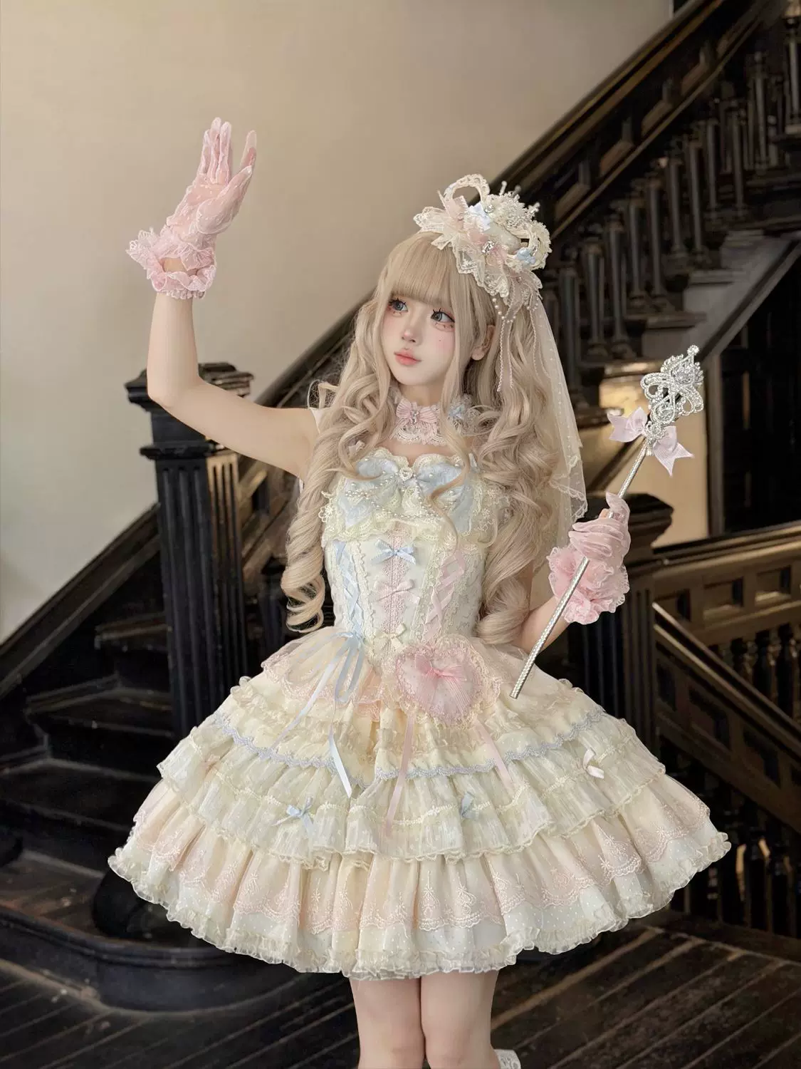 Cloud Whale Dream - Sweet Lolita Corset JSK Dress, Tiered Hem & Bows - Image 7