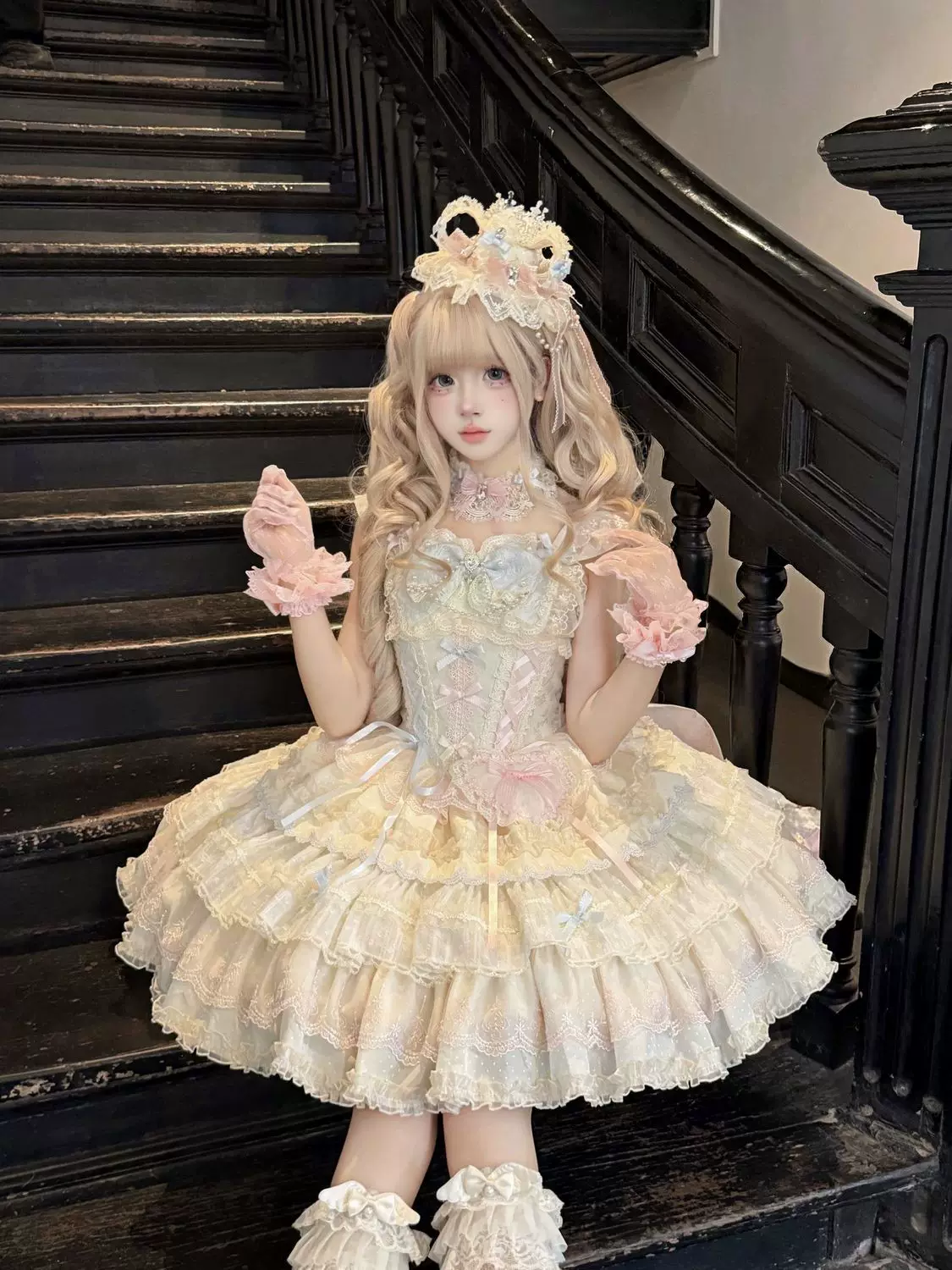 Cloud Whale Dream - Sweet Lolita Corset JSK Dress, Tiered Hem & Bows - Image 9