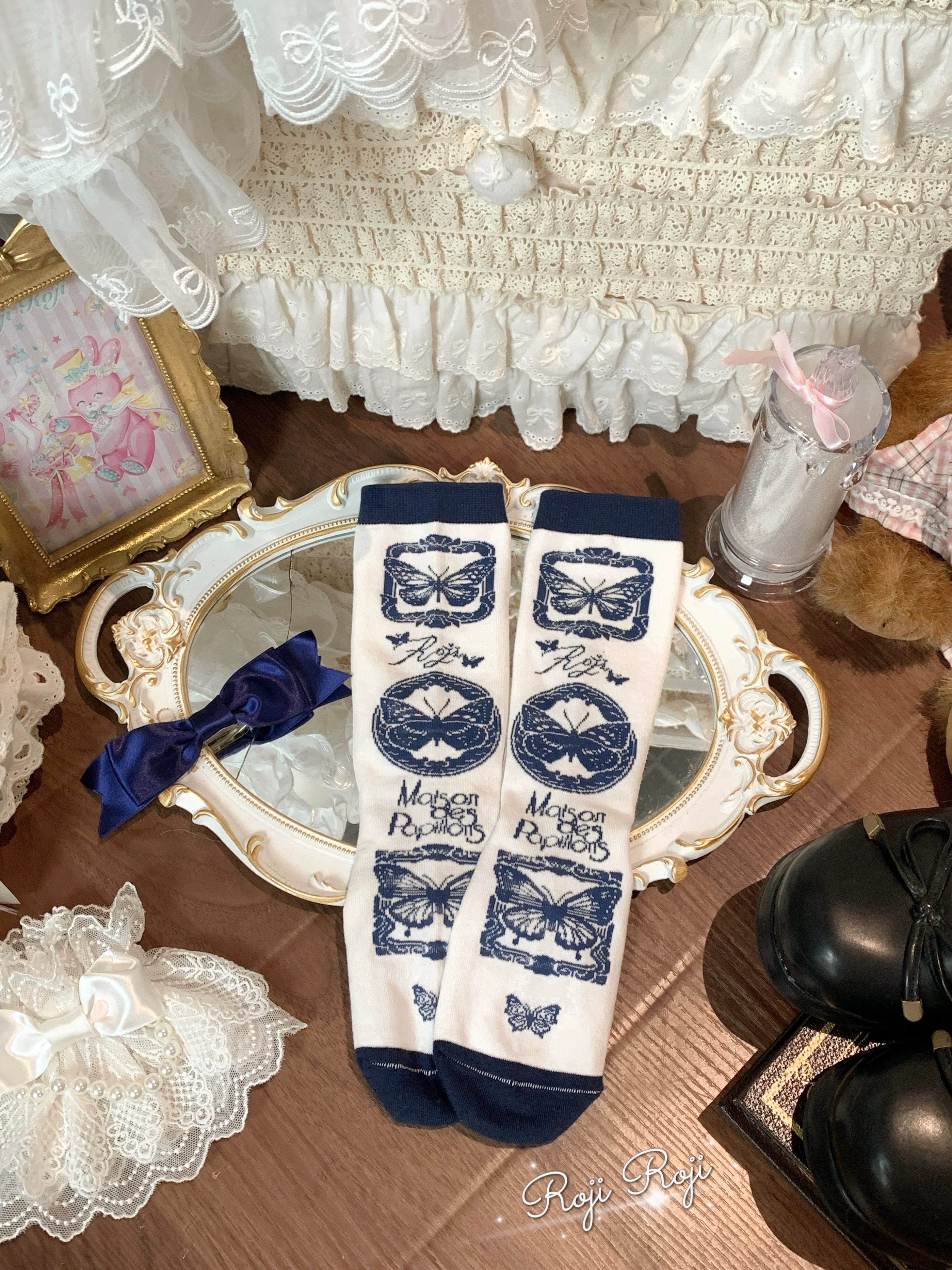 Sweet Lolita Cotton Socks, Detachable Cuff Bow Trim - Image 13