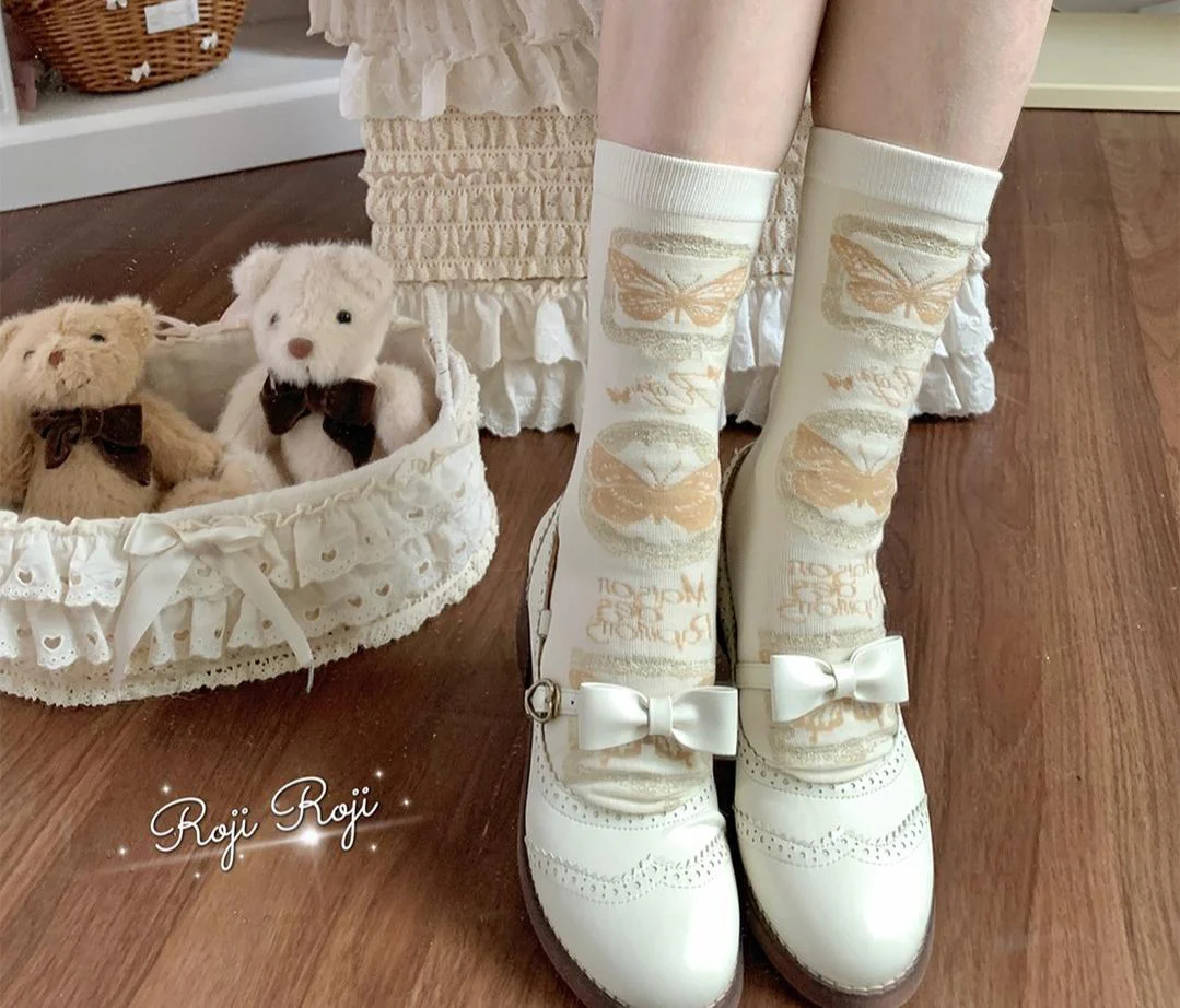 Sweet Lolita Cotton Socks, Detachable Cuff Bow Trim - Image 7