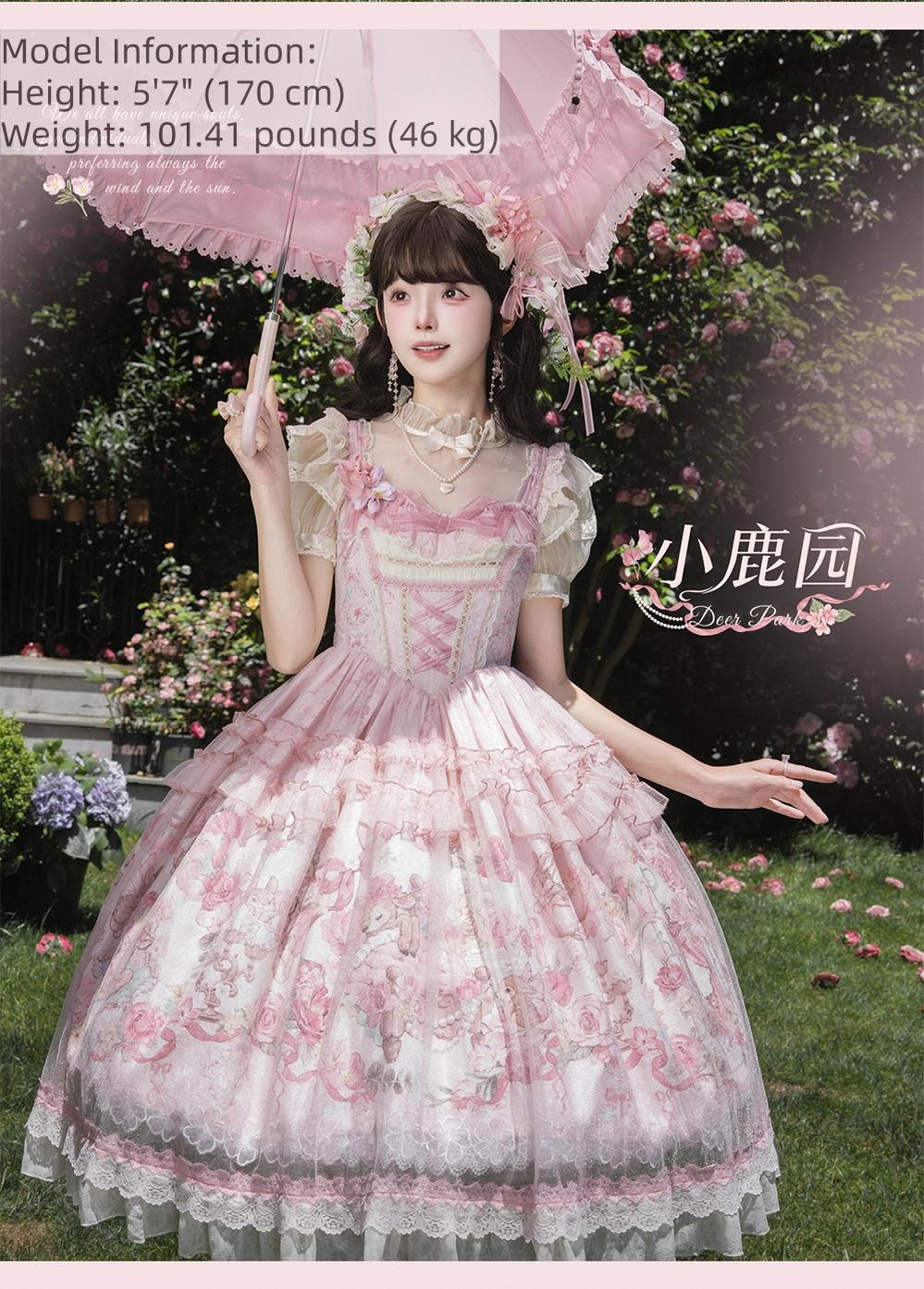 Deer Garden - Sweet Lolita Deer Printed JSK Dress with Tulle Overlay - Image 8