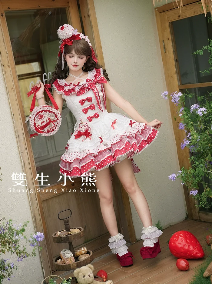 Shuang Sheng Xiao Xiong - Bite The Cake - Sweet Lolita Dress, Red & White Polka Dots - Image 38