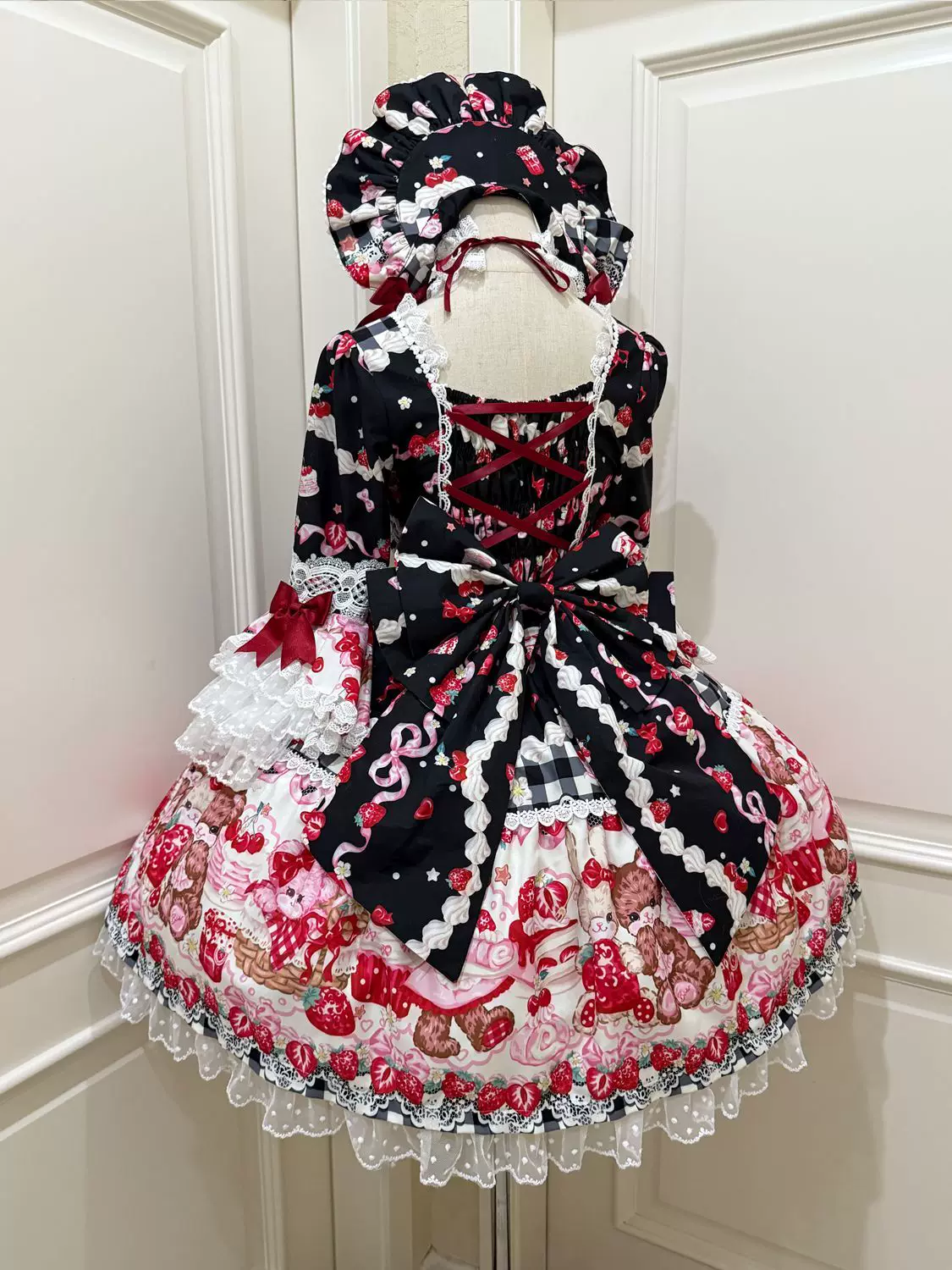 SweetBerry Bunny Bear - Sweet Lolita Hime Sleeve OP Dress, Strawberry and Bear Print - Image 11