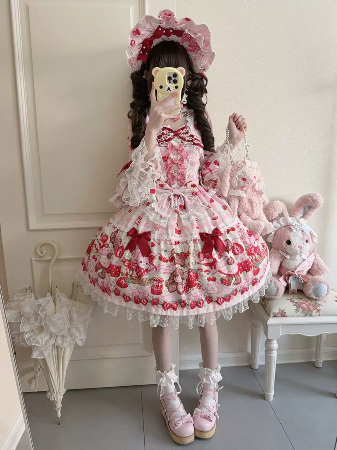 SweetBerry Bunny Bear - Sweet Lolita Hime Sleeve OP Dress, Strawberry and Bear Print - Image 12