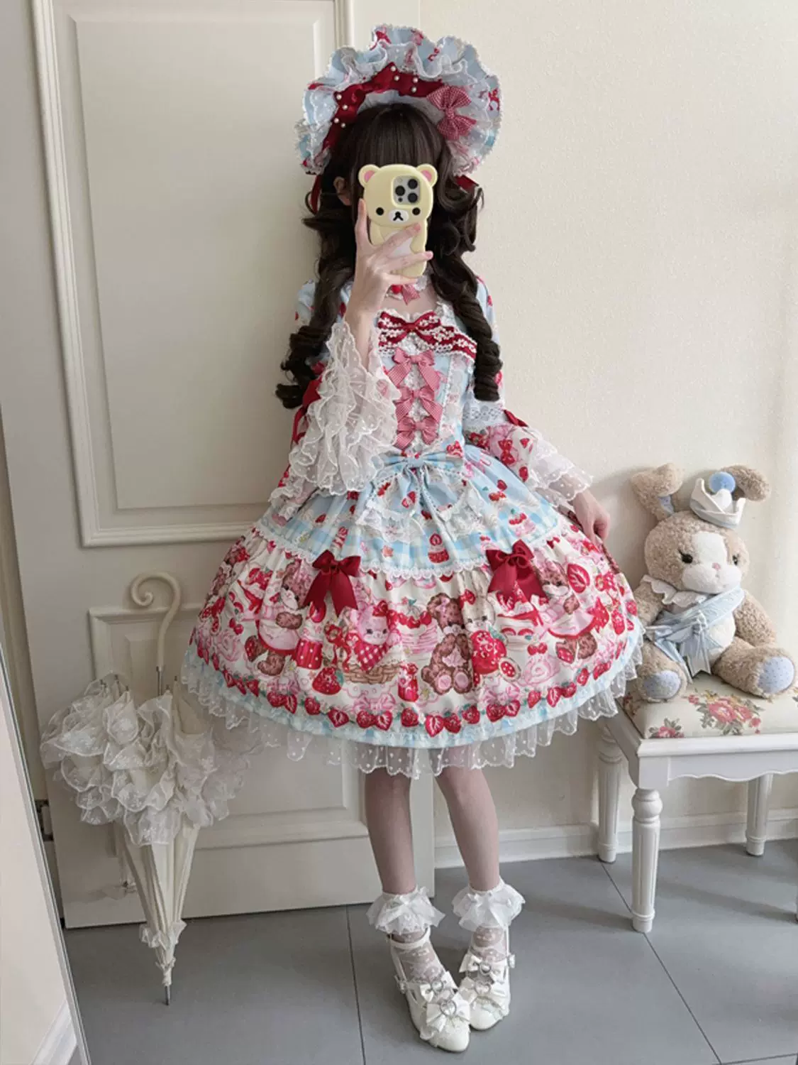 SweetBerry Bunny Bear - Sweet Lolita Hime Sleeve OP Dress, Strawberry and Bear Print - Image 16