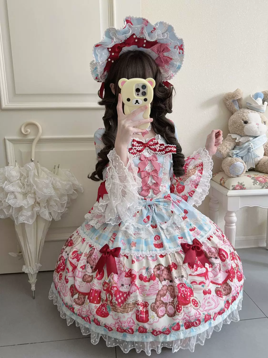 SweetBerry Bunny Bear - Sweet Lolita Hime Sleeve OP Dress, Strawberry and Bear Print - Image 17