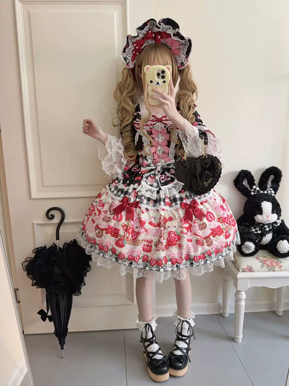 SweetBerry Bunny Bear - Sweet Lolita Hime Sleeve OP Dress, Strawberry and Bear Print - Image 18