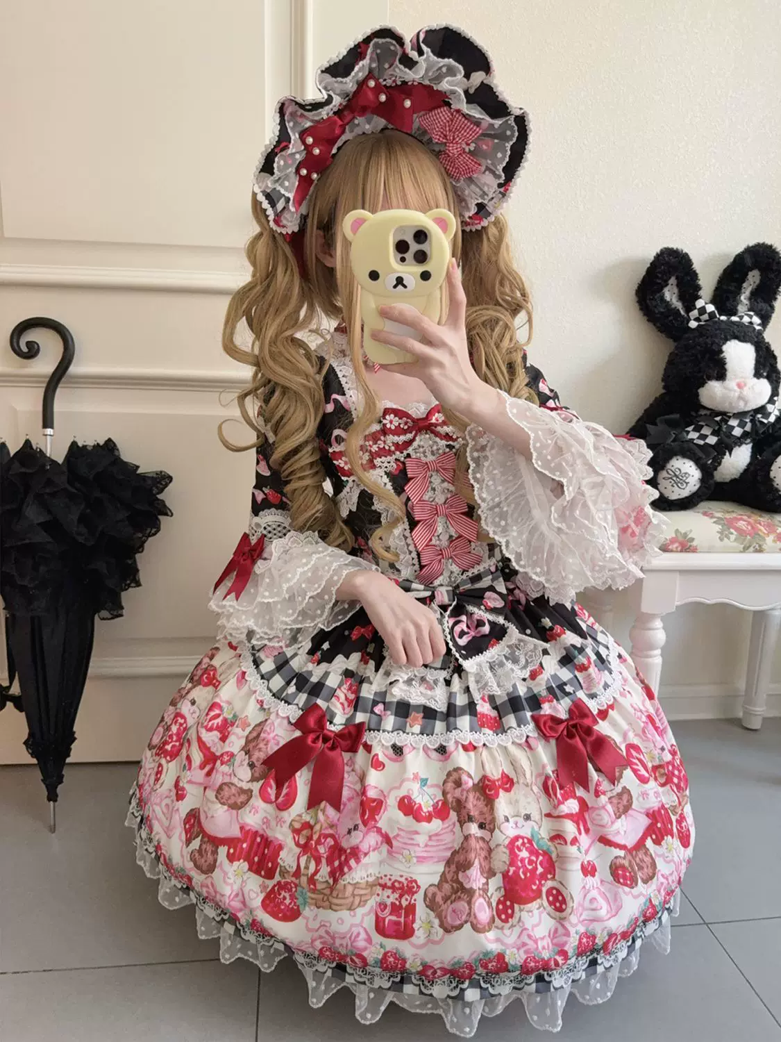 SweetBerry Bunny Bear - Sweet Lolita Hime Sleeve OP Dress, Strawberry and Bear Print - Image 19