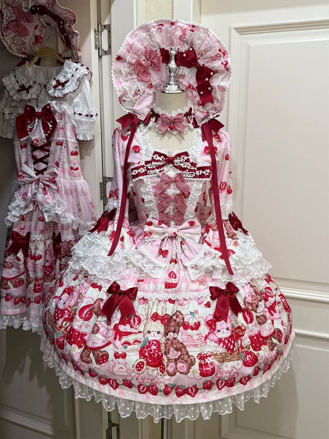 SweetBerry Bunny Bear - Sweet Lolita Hime Sleeve OP Dress, Strawberry and Bear Print - Image 2