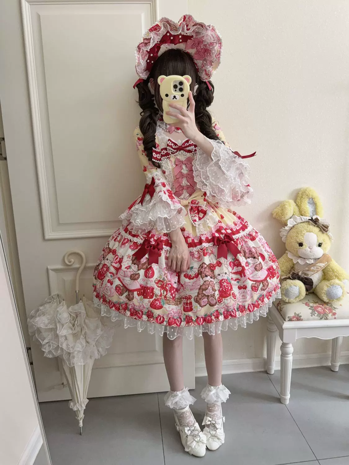 SweetBerry Bunny Bear - Sweet Lolita Hime Sleeve OP Dress, Strawberry and Bear Print - Image 20