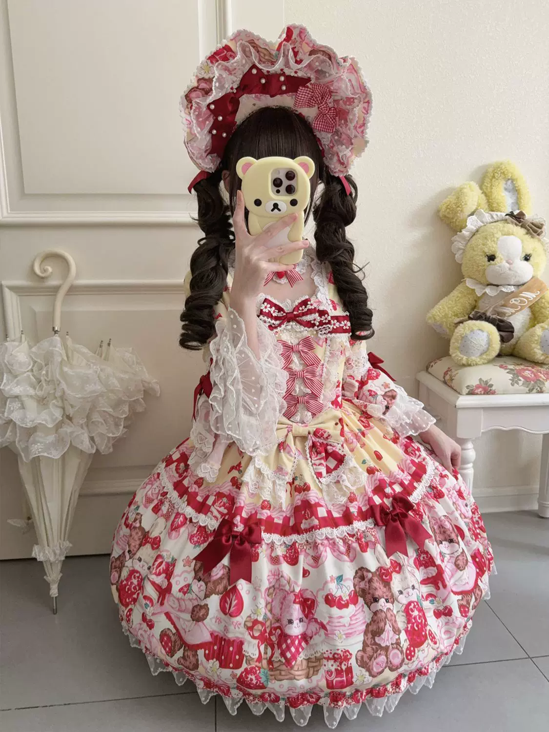 SweetBerry Bunny Bear - Sweet Lolita Hime Sleeve OP Dress, Strawberry and Bear Print - Image 21