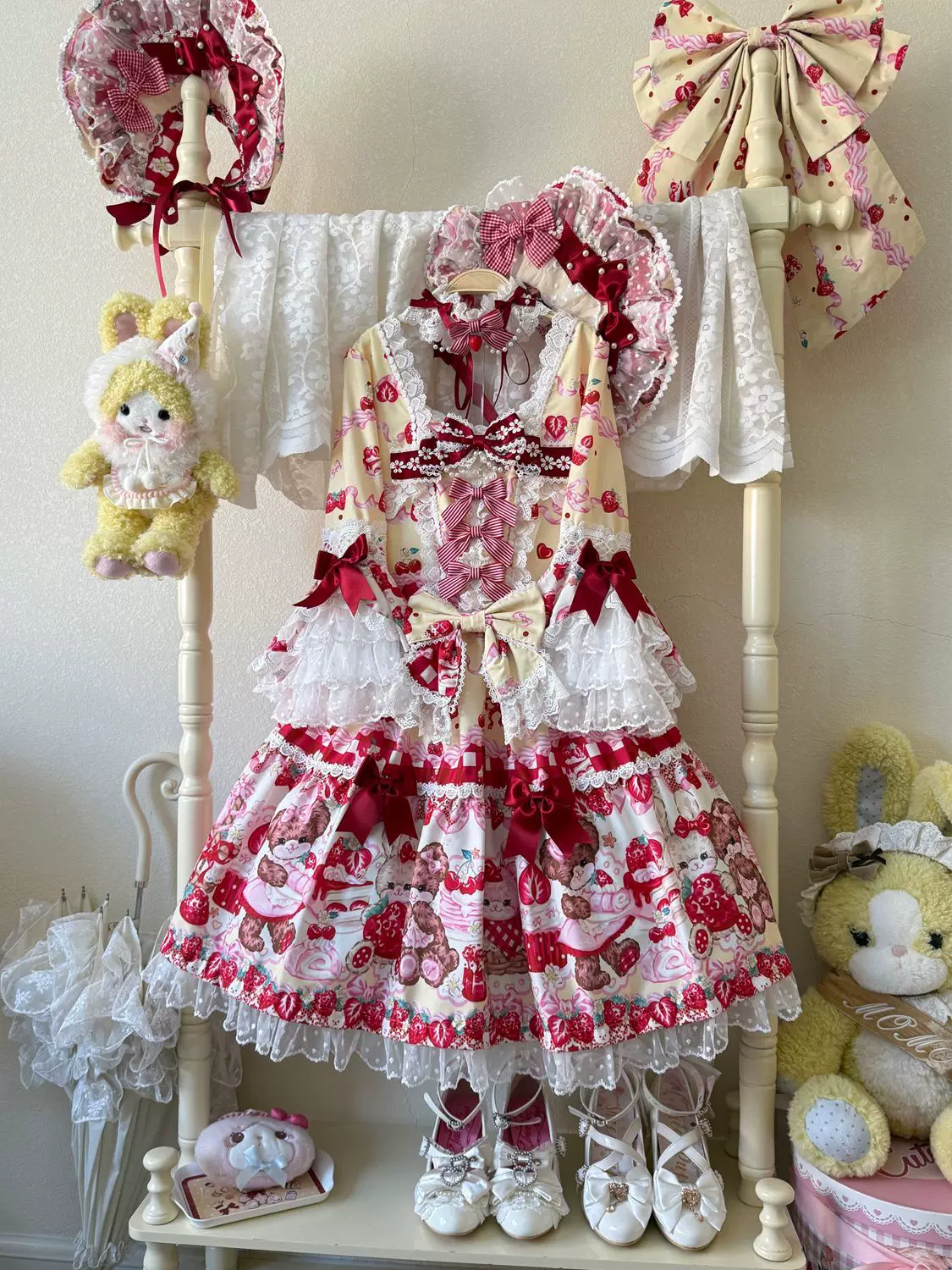 SweetBerry Bunny Bear - Sweet Lolita Hime Sleeve OP Dress, Strawberry and Bear Print - Image 3